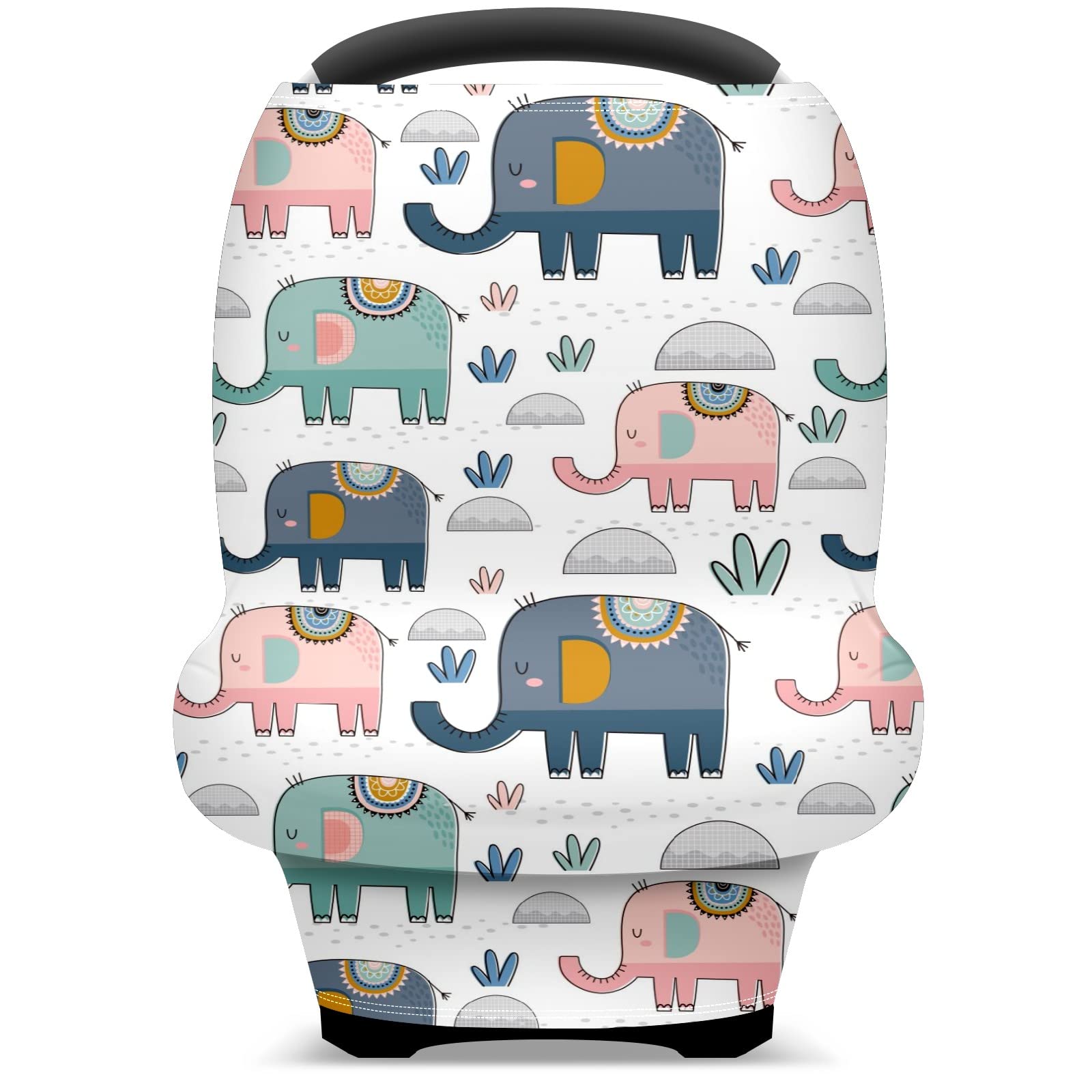 Soft Stretchy Baby Car Seat Cover & Nursing Scarf - Pink, Green, Navy Elephant & Cactus Design - Universal Fit for Infant Carriers, Strollers & Breastfeeding - Perfect for New Moms, Boys & Girls - Ideal for Travel, Shopping & Outdoor Activities