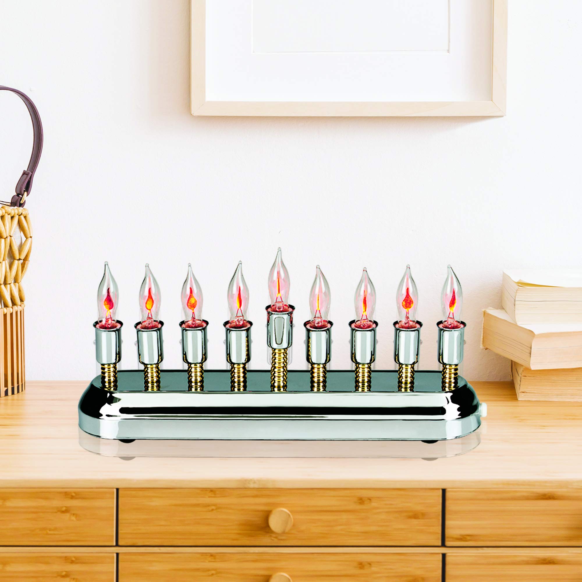 Modern Electric Hanukkah Menorah - Stainless Steel Hanukkiah with Flickering LED Bulbs, Horizontal Electronic Menorah for Chanukah - Flameless Candles & Hanukkah Lights Decor for Home, Synagogue & Office Celebrations
