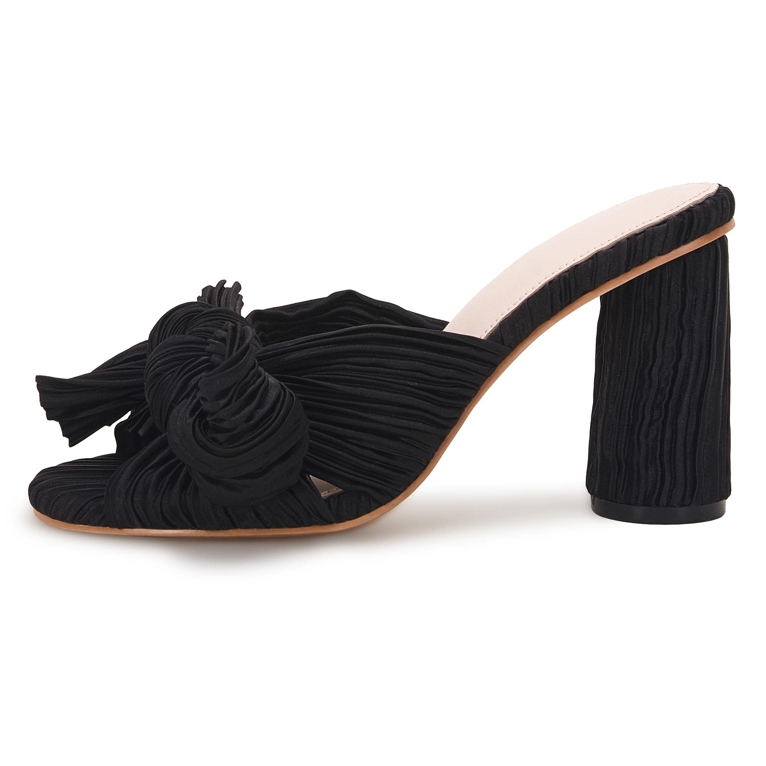 VETASTE Women's Pleated Bow Knot Heeled Sandals - Comfortable Slip-On Open Toe Block Chunky Heel Slides for Wedding, Bridal, Party & Dressy Occasions