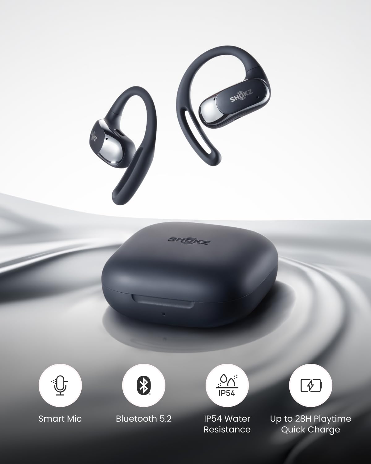SHOKZ OpenFit Air Open-Ear True Wireless Earbuds - Bluetooth Headphones with Secure Earhooks, IP54 Water Resistant, Comfortable for Running, Workouts & Daily Use - Black
