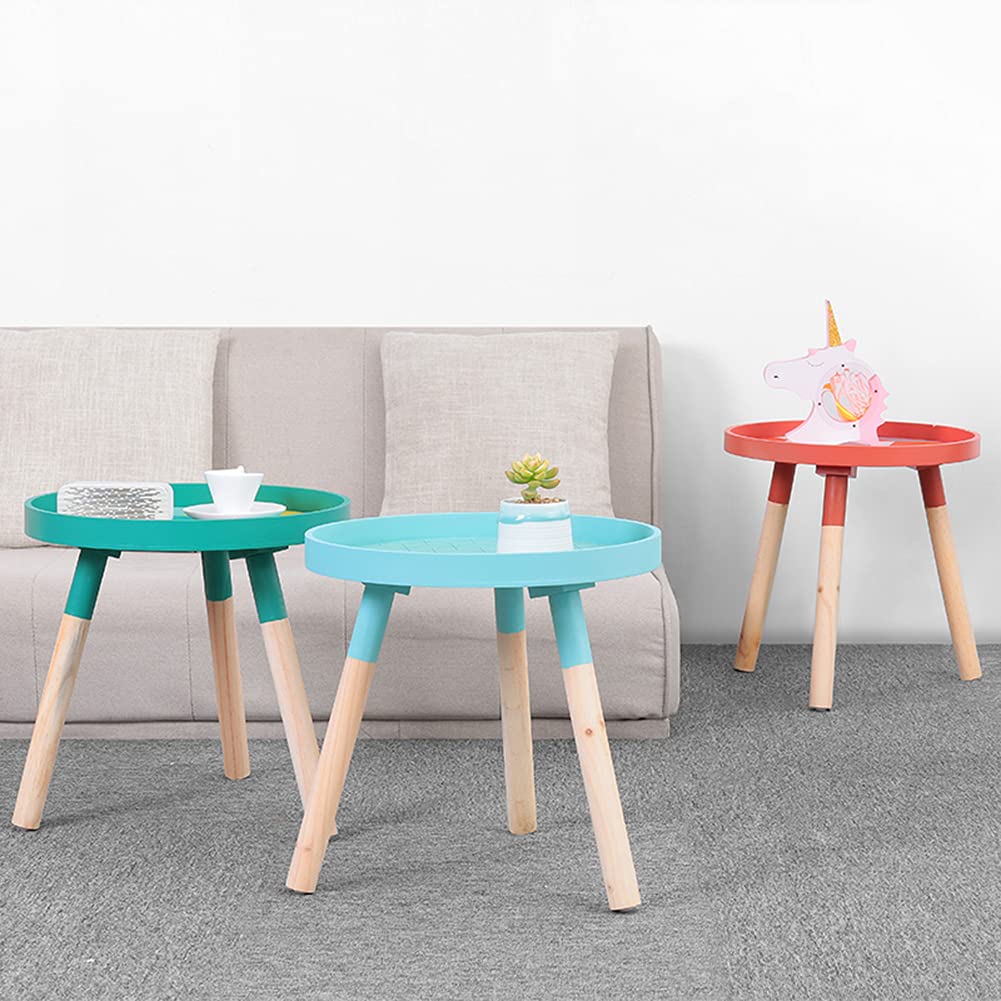 Round Wooden End Table with Tray - Small Side Table, Nightstand, Coffee Table & Plant Stand for Living Room, Bedroom, Office - Sturdy Tripod Base - Perfect for Small Spaces, Balcony Decor & Home Organization (Blue)