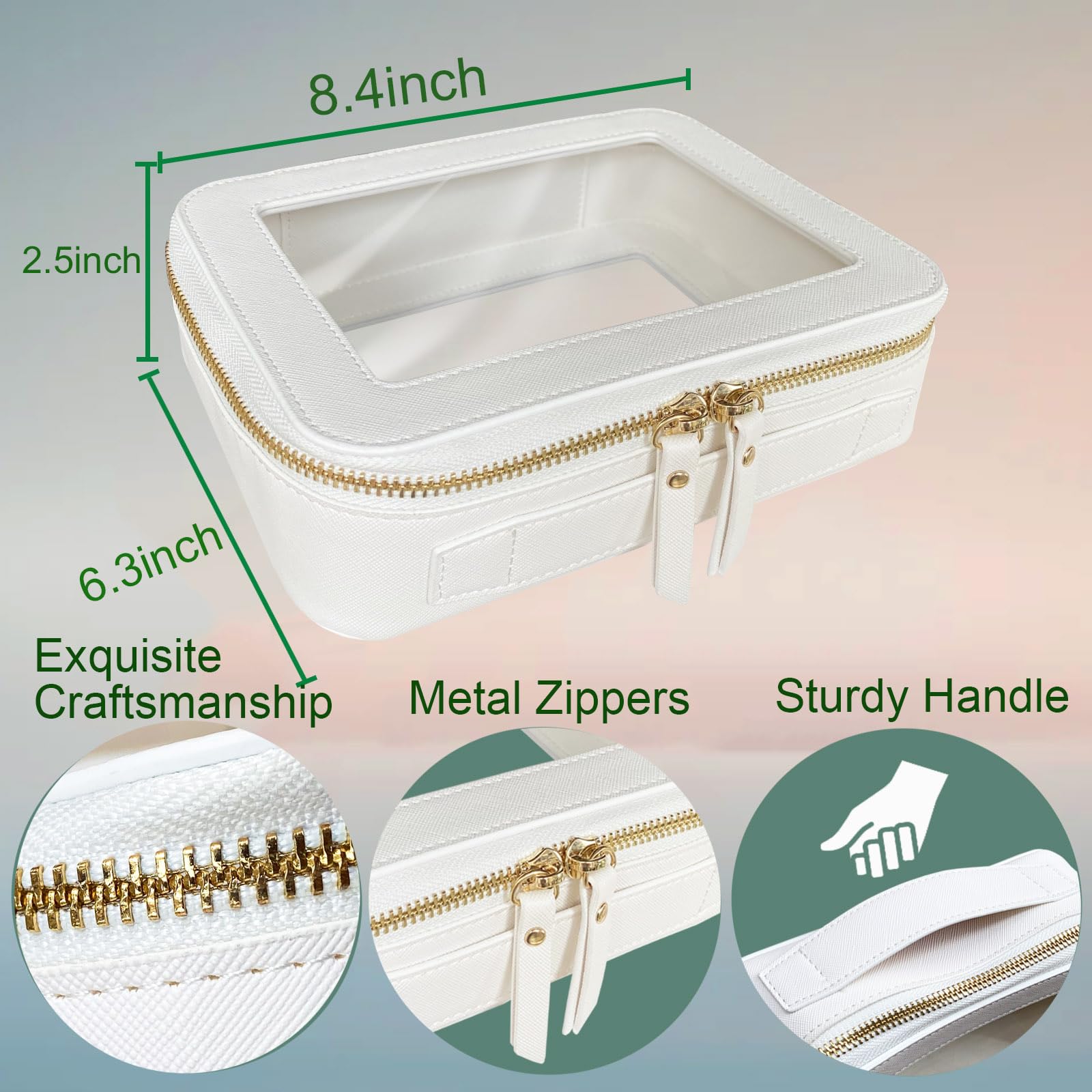 Clear Window Travel Makeup Bag for Women - Heavy Duty Zipper Cosmetic Organizer with Transparent Front, White Toiletry Bag for Travel Essentials | Perfect for Airplane Carry-on, Gym, Vacation & Daily Use