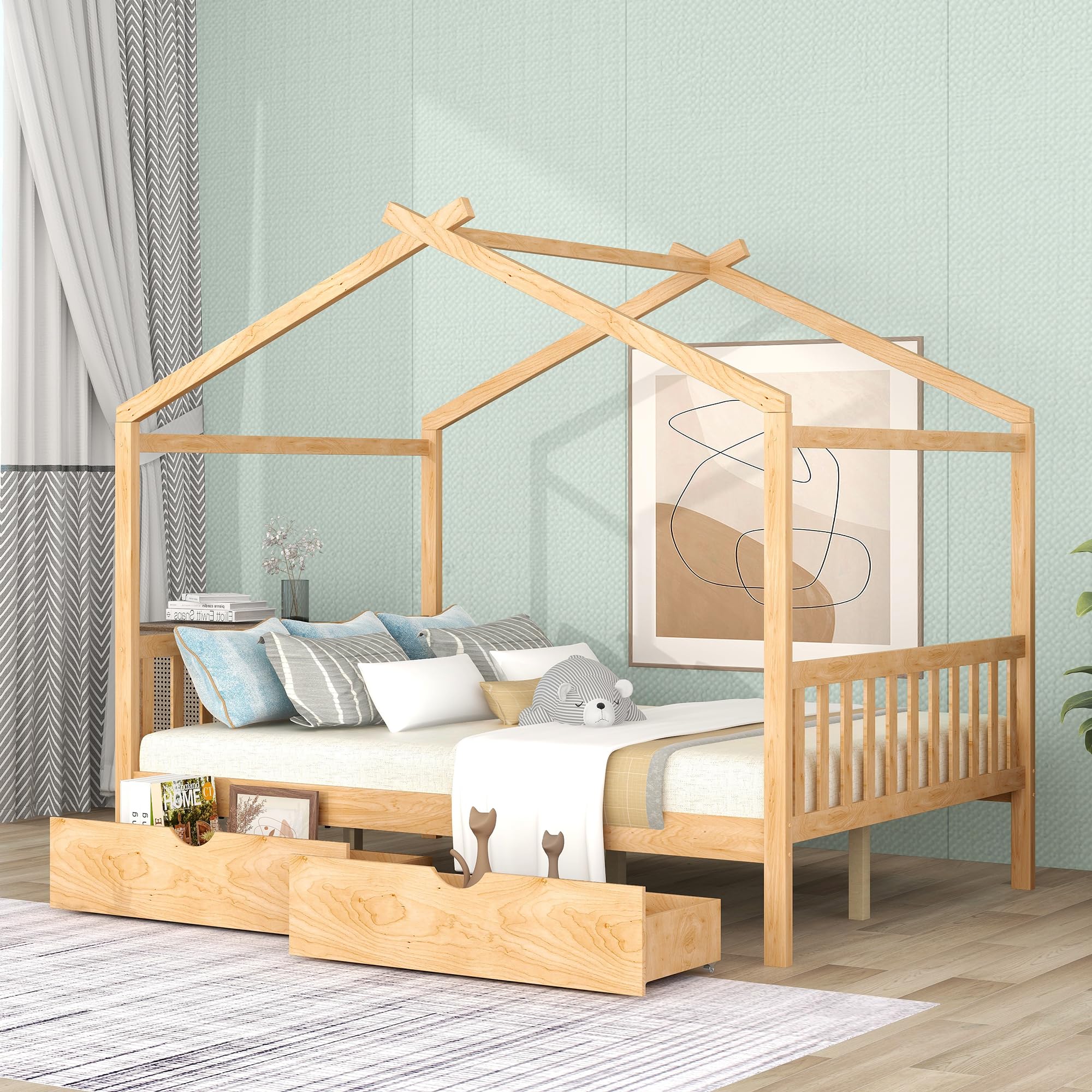 Solid Wood Full Bed Frame with Headboard & Footboard - Low Profile House Bed with Underbed Storage Drawers - Natural Finish for Kids, Teens, Boys & Girls - Perfect for Small Bedrooms, Dorm Rooms & Guest Rooms