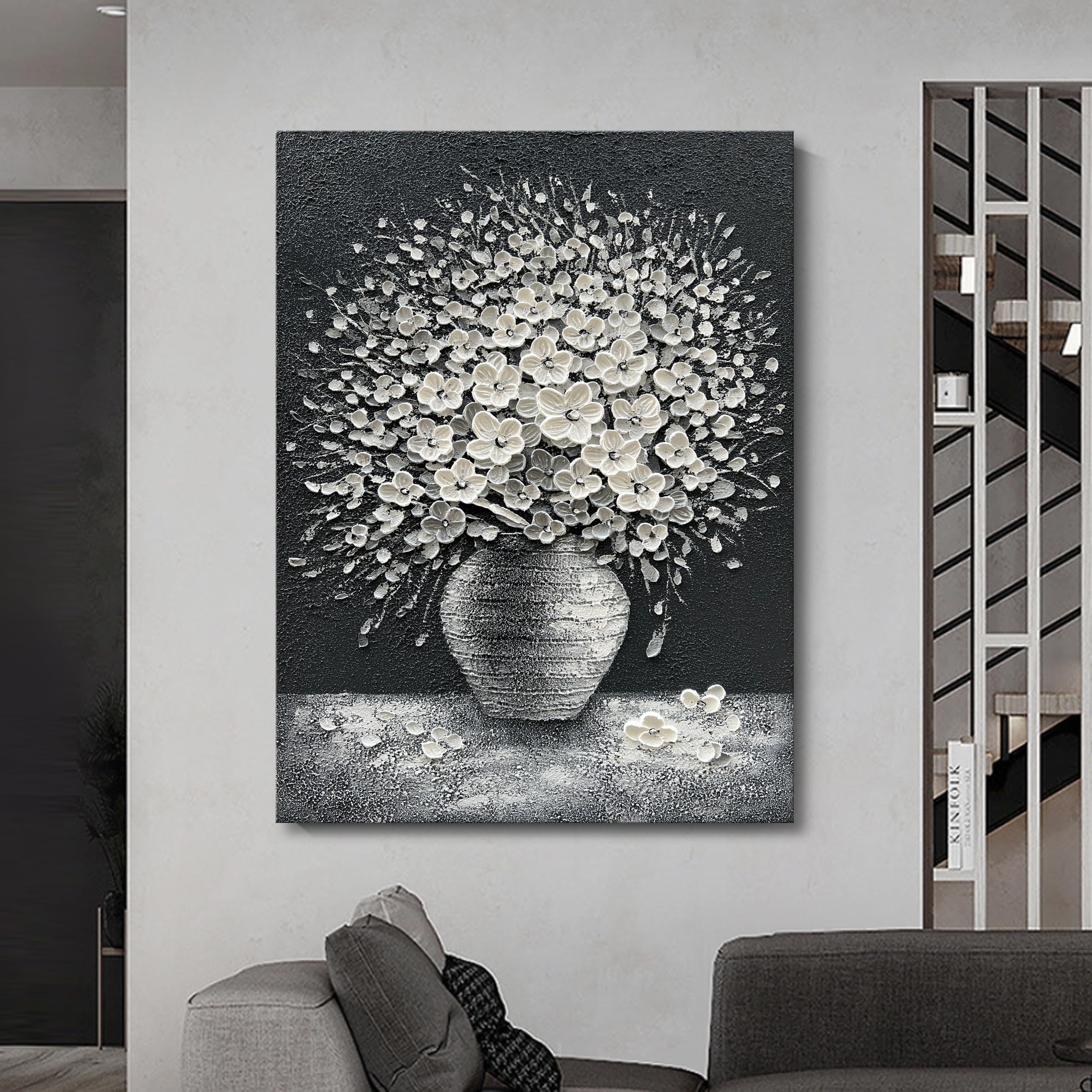 Hand-Painted Abstract White Flower Oil Painting on Canvas - 40x28 Inch Wall Art for Home & Office Decor | Modern Floral Artwork for Living Room, Bedroom, and Workspace