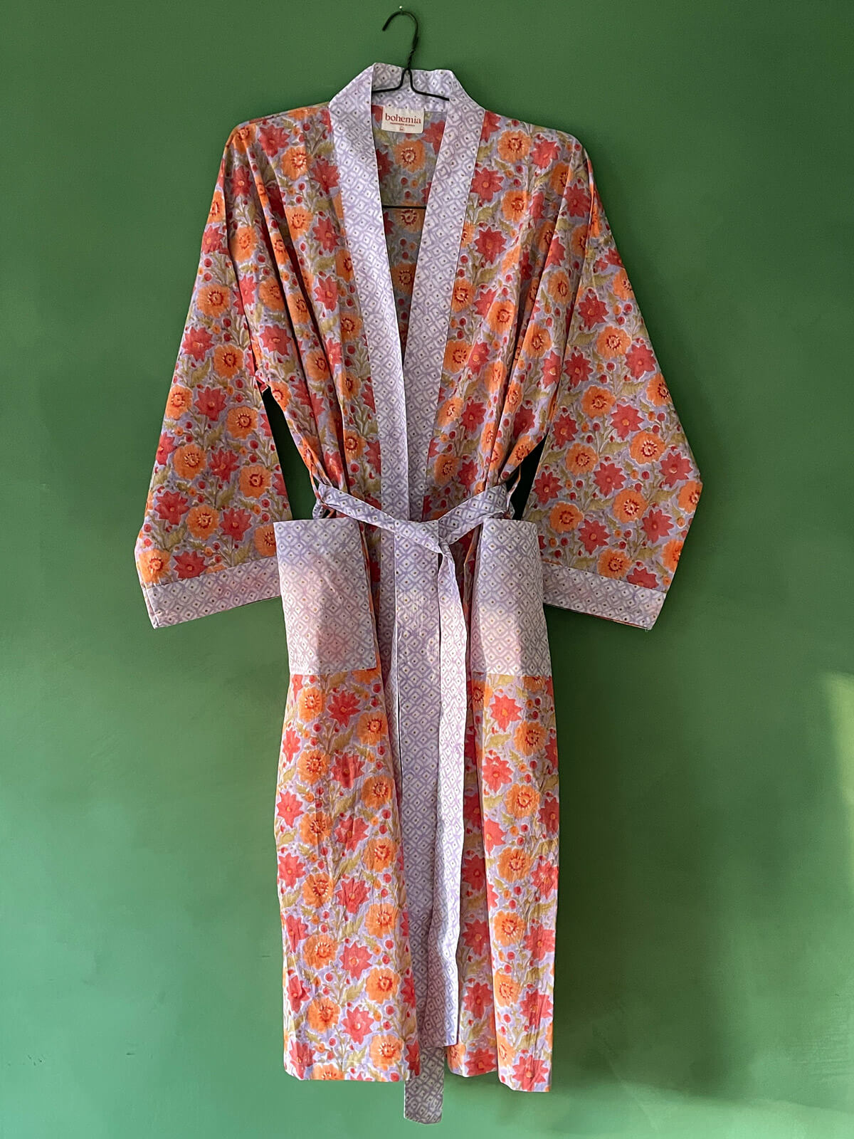Handmade Block Print Cotton Robe - Soft Lilac Floral Kimono for Women | Perfect for Spa, Beach Cover-Up & Lounge Wear