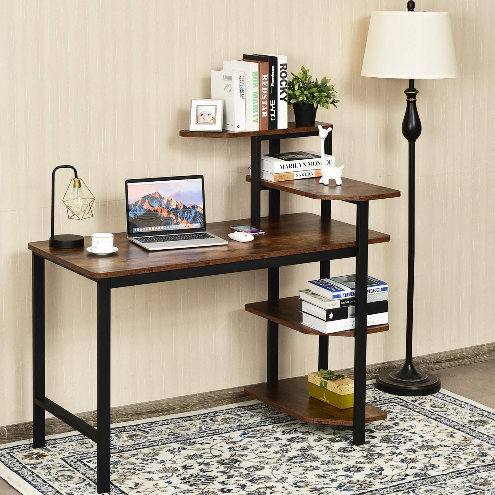 Tangkula 48 Inch Industrial Computer Desk with 4-Tier Storage Shelves - Sturdy Wooden Writing Study Table with Bookshelf, Spacious Work Surface & Metal Frame - Perfect for Home Office, Gaming Setup, and Remote Workstation