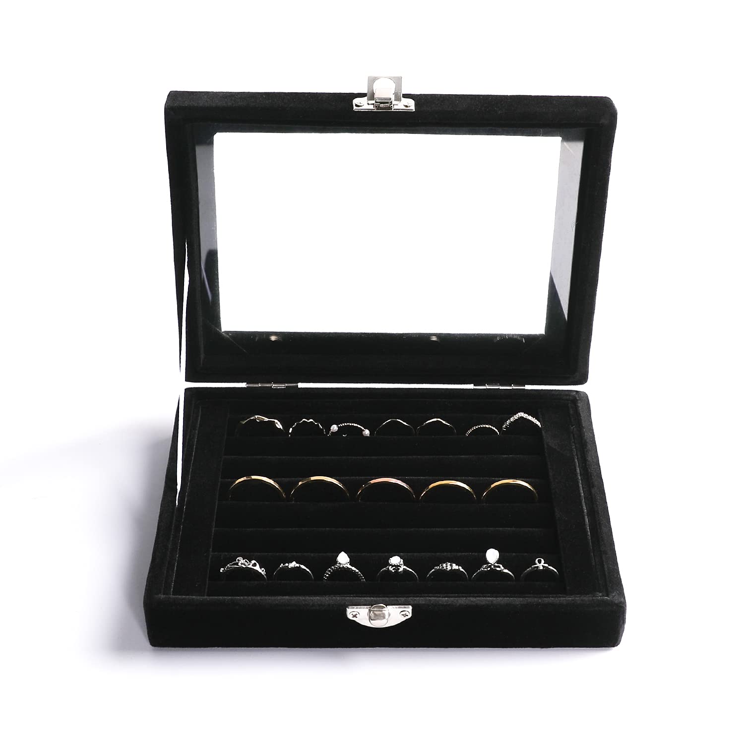Frebeauty 7-Slot Jewelry Organizer Box with Clear Lid - Velvet Ring & Earring Storage Tray, Drawer Insert for Women - Perfect for Travel, Home Vanity, and Jewelry Display (Black)