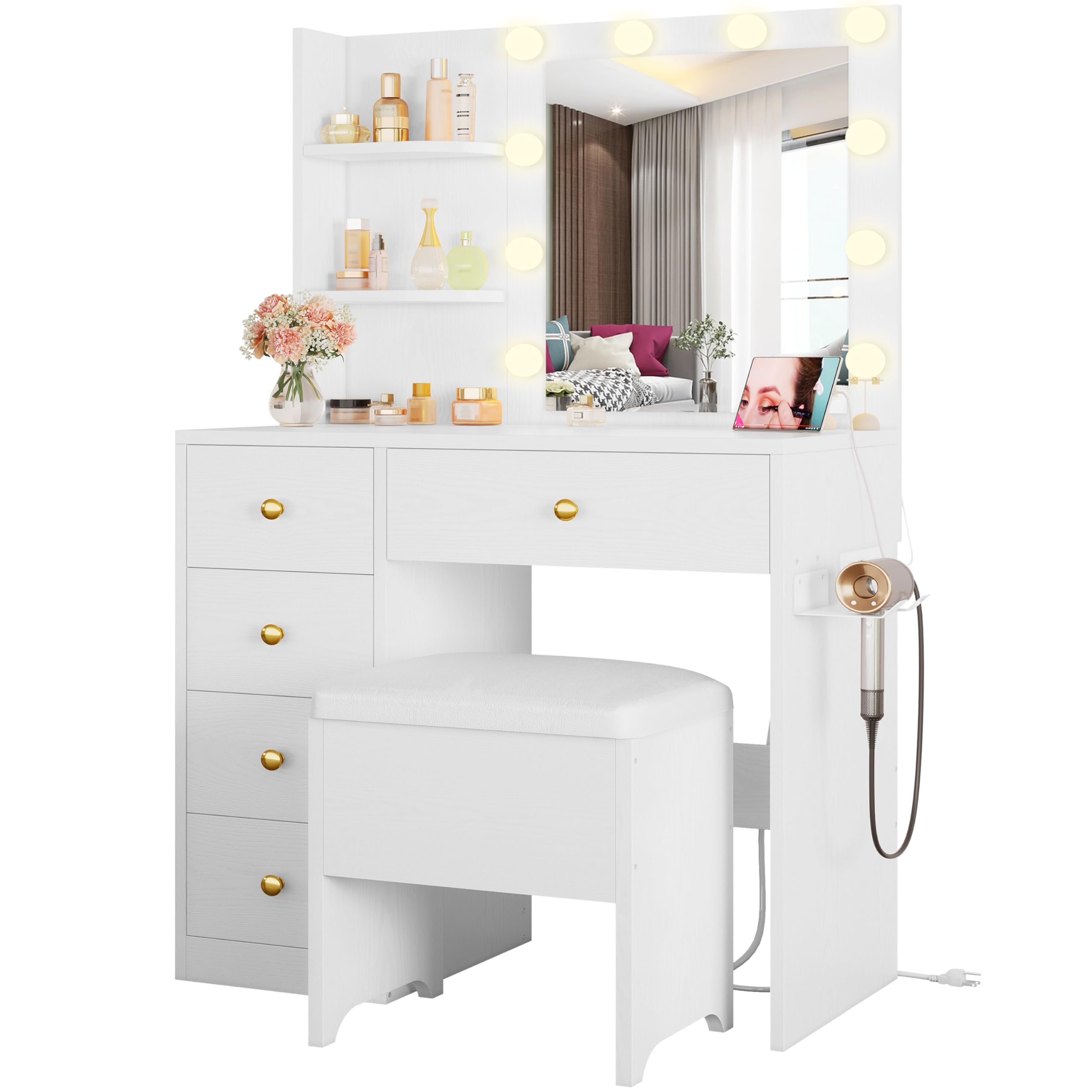 IRONCK Small Vanity Desk with Mirror & LED Lights - 5-Drawer Makeup Dressing Table with Power Outlet, Adjustable Stool & 3 Lighting Modes | White Vanity Set for Women & Girls Bedroom | Perfect for Daily Makeup, Skincare Routine & Bedroom Decor