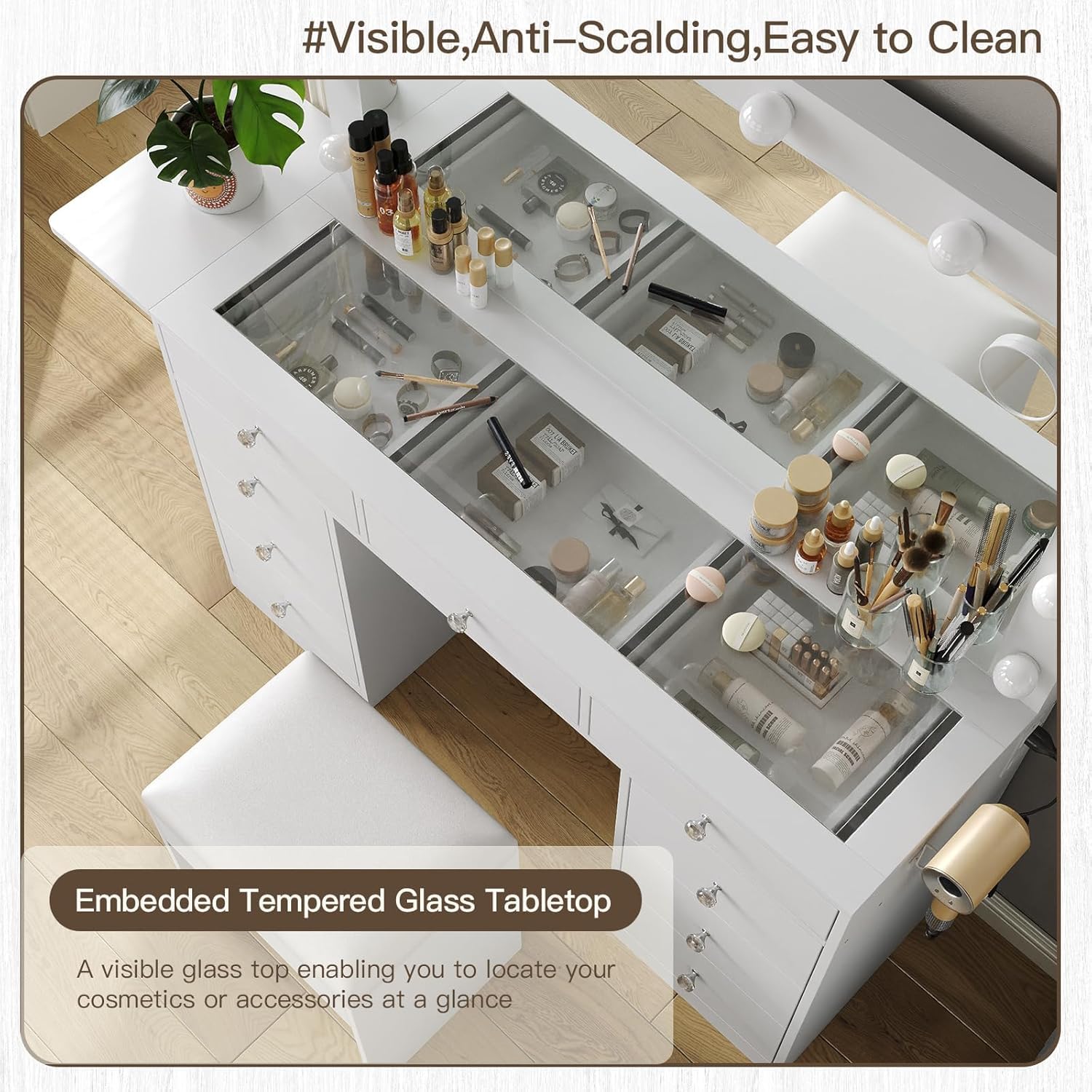 Vanity Desk with Power Outlet & 9 Drawers - Makeup Vanity Set with LED Mirror, 3 Lighting Modes & Glass Top - Foldable Dressing Table for Bedroom, Home Office & Beauty Salon
