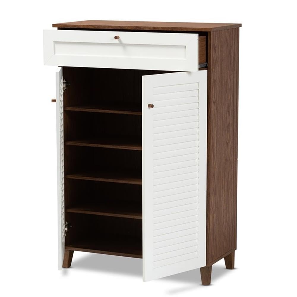 BOWERY HILL Modern 5-Shelf Shoe Storage Cabinet with Drawer - White & Walnut Wooden Shoe Organizer for Entryway, Closet, and Bedroom Organization