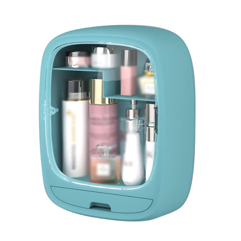 EKDSPW No Holes Wall Mount Makeup Organizer with Drawers - Transparent ABS Plastic Cosmetic Storage Box for Bathroom, Dustproof & Space Saving (Blue) - Perfect for Small Spaces & Vanity Organization