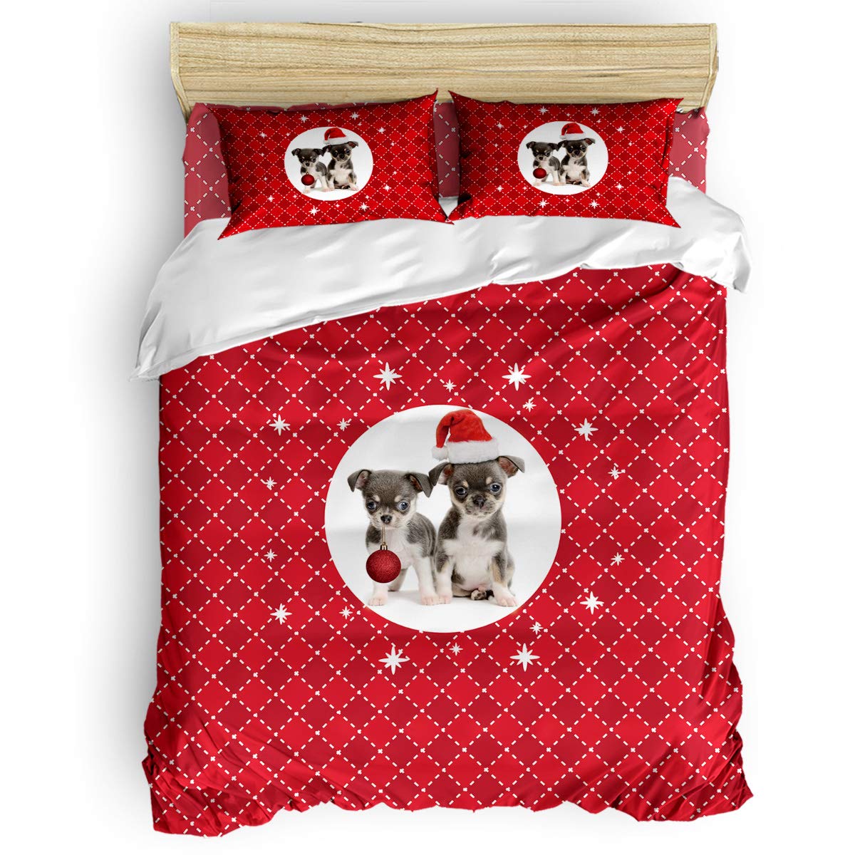 Twin Cute Dog with Hat Christmas Duvet Cover Set for Kids - 1 Comforter Cover, 1 Flat Sheet & 2 Pillowcases | Soft Bedding for Girls & Boys | Perfect for Holiday Decor, Kids' Room & Cozy Winter Nights