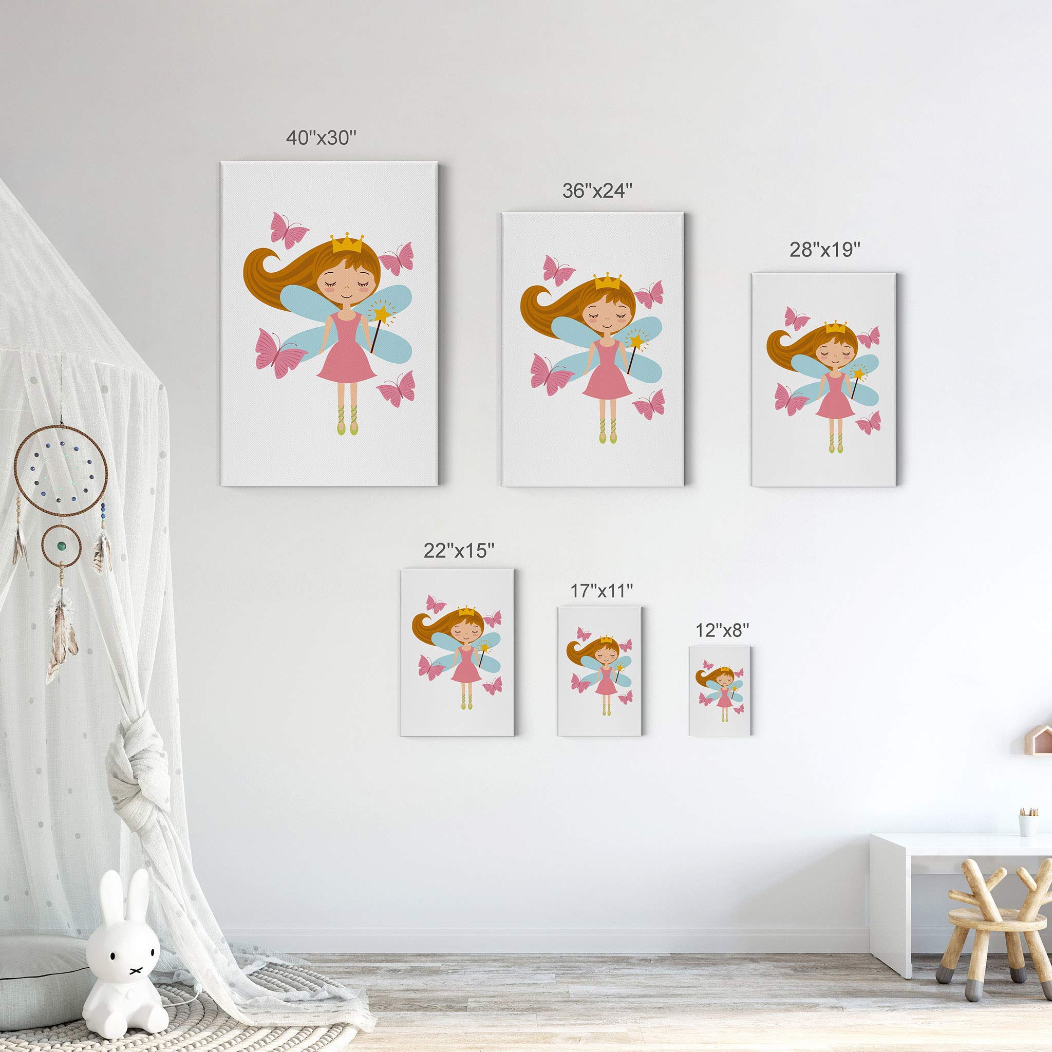 Cute Fairy Girl with Magic Wand & Pink Butterfly - Kids Canvas Wall Art for Nursery, Baby Room Decor - Ready to Hang 36x24 - Made in USA | Perfect for Girls' Bedroom, Playroom & Birthday Gifts