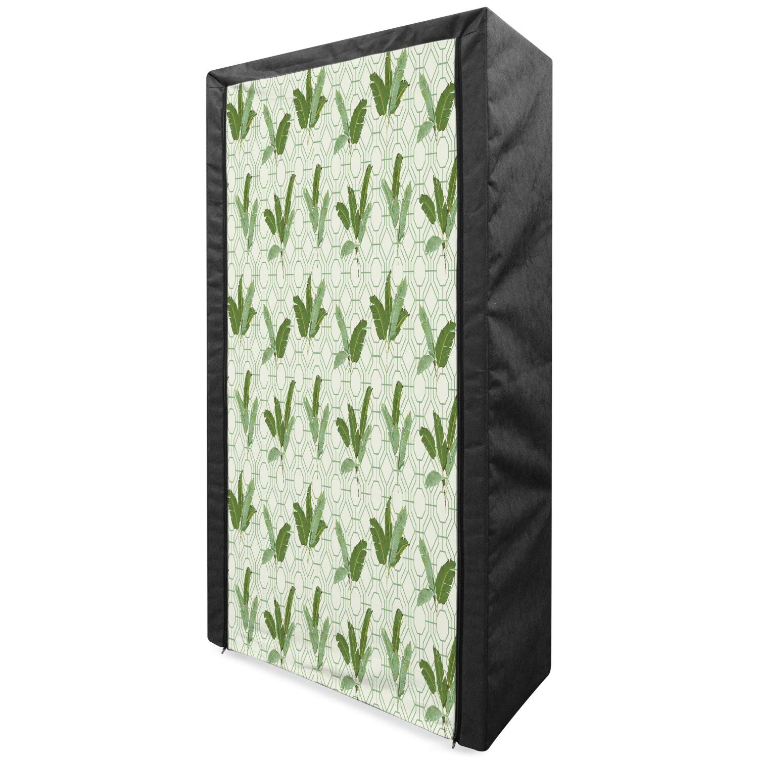 Ambesonne Botany Portable Fabric Wardrobe - Large Evergreen Palm Leaves Retro Hexagonal Geometric Vintage Design Closet Organizer with Shelves, 33.5 Inch, Olive Green & Cream | Perfect for Bedroom Storage, Closet Organization, Dorm Room Essentials & Space Saving Solution