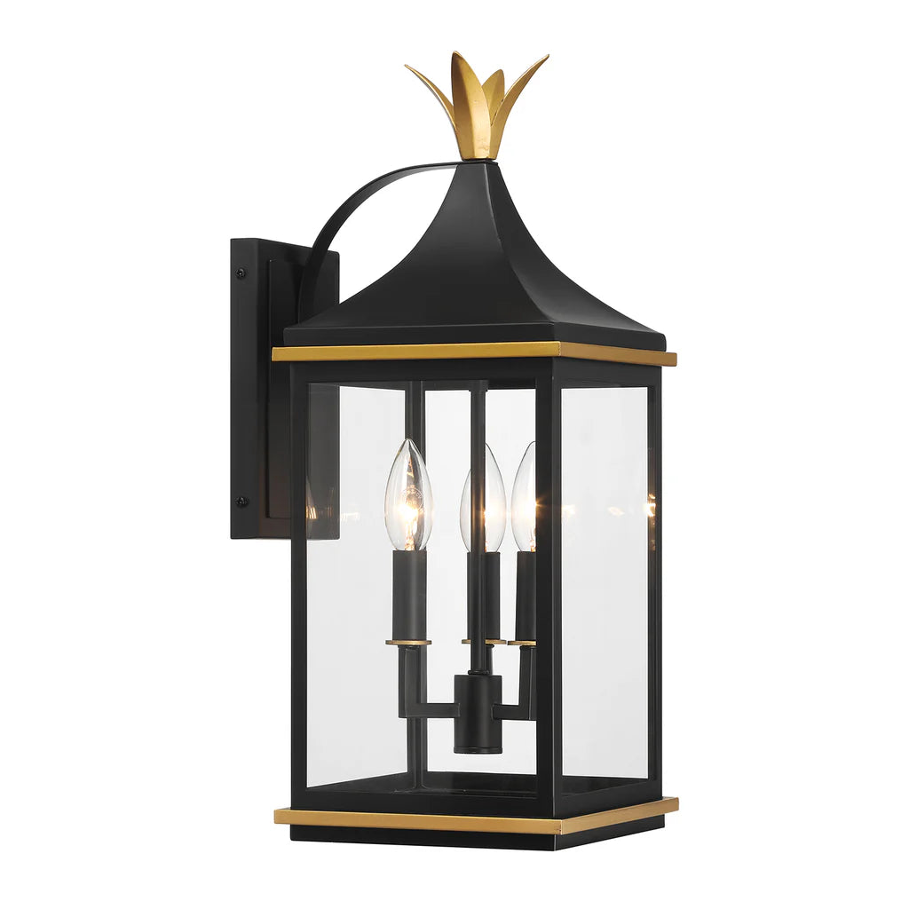 Simpson 3-Light Outdoor Wall Sconce - 8.25x19.75 Inch Matte Black Stainless Steel with Textured Gold Finish & Glass Shade - 120V E12 Candelabra Base LED Bulb Compatible - Perfect for Patio Lighting, Garden Decor, and Exterior Wall Illumination
