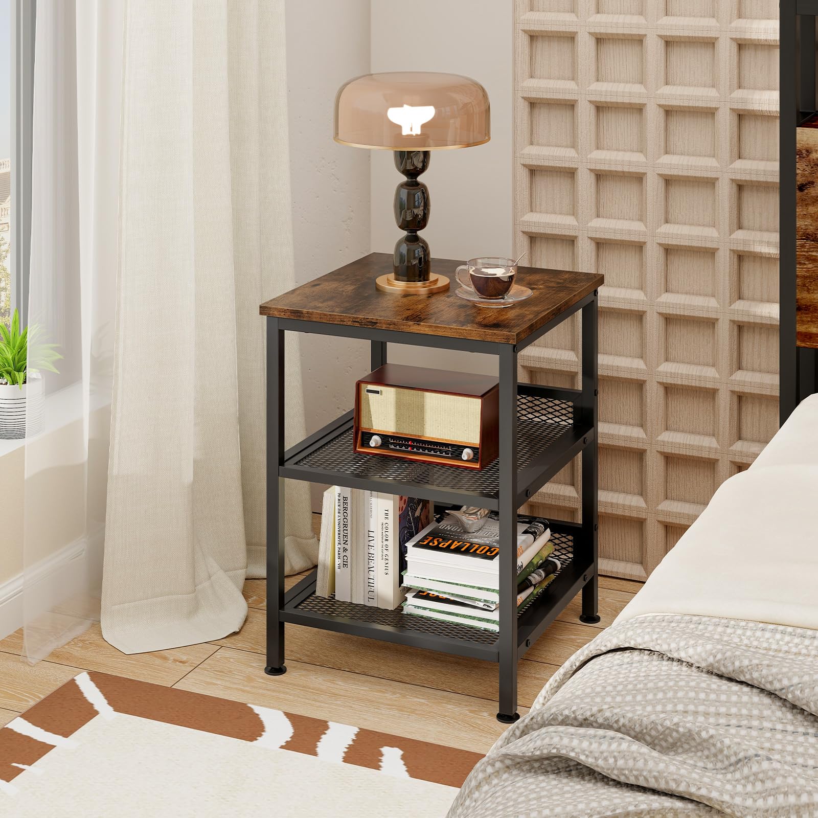 Giantex 2-Pack 3-Tier Industrial End Tables with Mesh Storage Shelves - 16