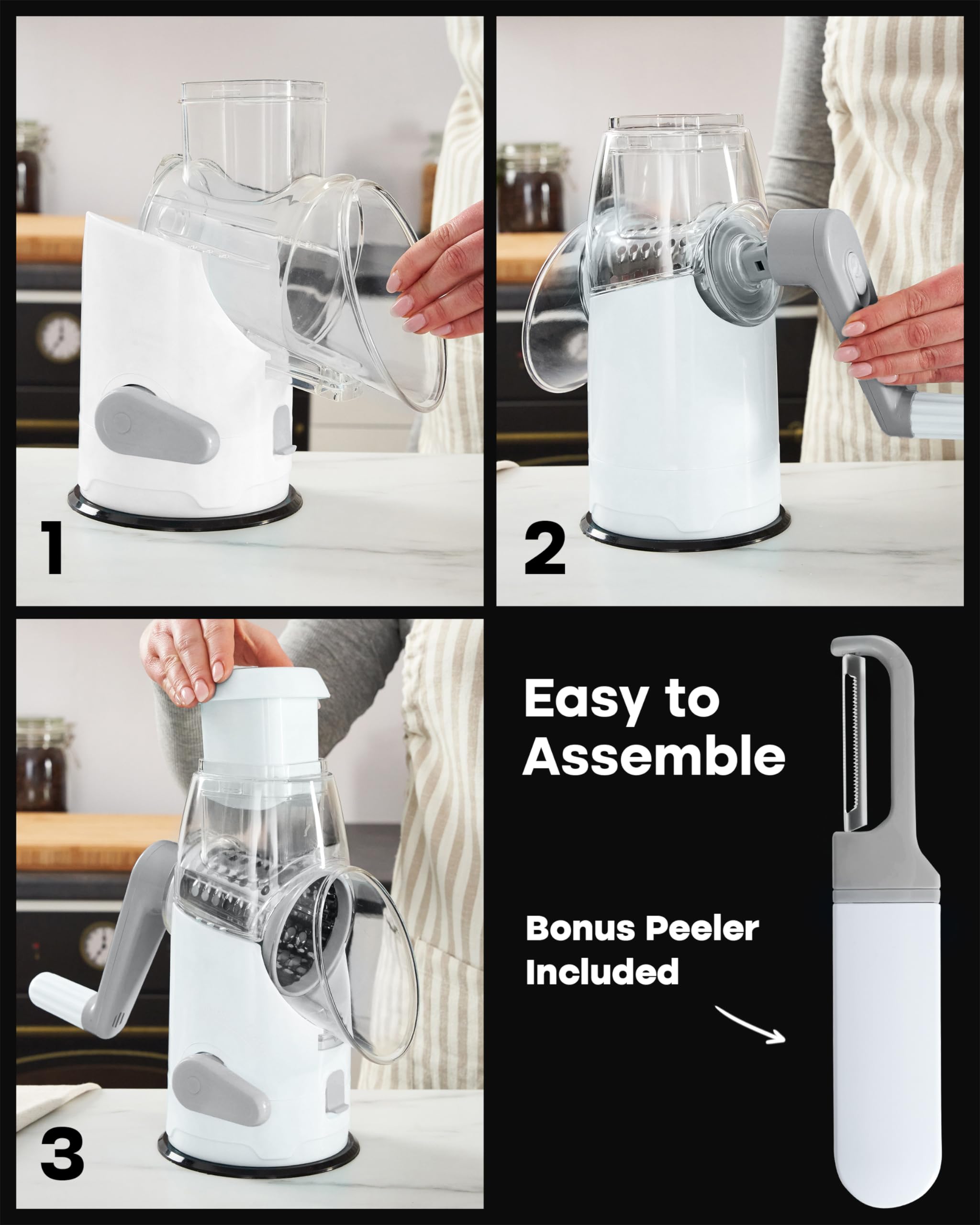 Premium Rotary Cheese Grater with Ergonomic Handle - 3 Stainless Steel Drum Blades for Shredding Cheese, Vegetables & Nuts - Multi-Functional Kitchen Mandoline Slicer with Peeler (White) - Perfect for Pizza Topping, Salad Prep & Baking Needs