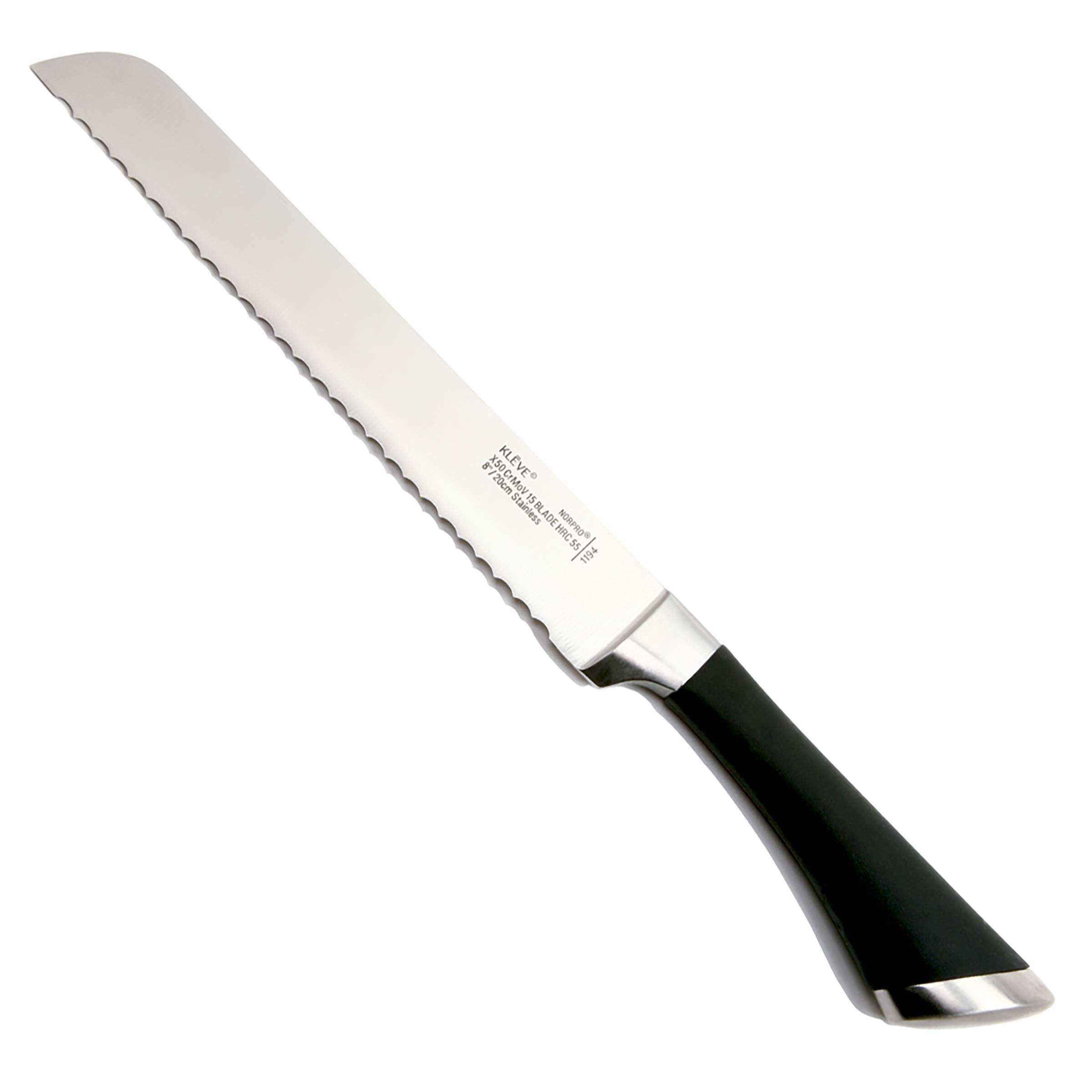 Norpro KLEVE 8-Inch Stainless Steel Bread Knife - Sharp Serrated Blade for Slicing Bread, Cake & Pastries - Perfect for Home Baking, Restaurants & Professional Kitchens