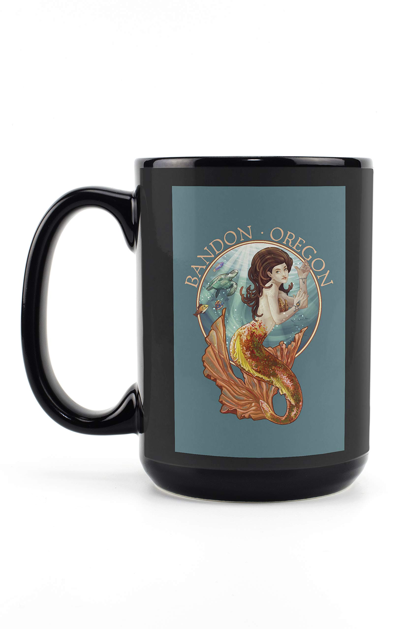 15oz Black Ceramic Coffee and Tea Mug with Bandon Oregon Mermaid Design | Dishwasher & Microwave Safe | Perfect for Home, Office or Gift