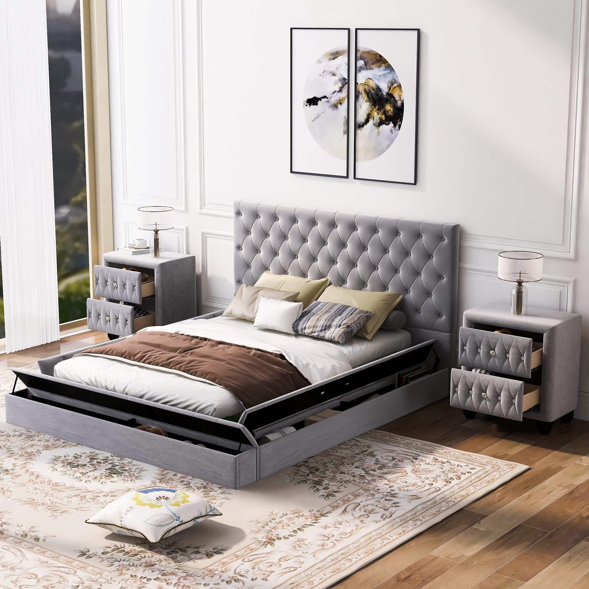 Full Size Upholstered Low Profile Storage Platform Bed with 2 Nightstands - Gray Modern Contemporary Tufted Bed Frame with Natural Fabric & Hardware Included | Perfect for Small Bedrooms & Guest Rooms