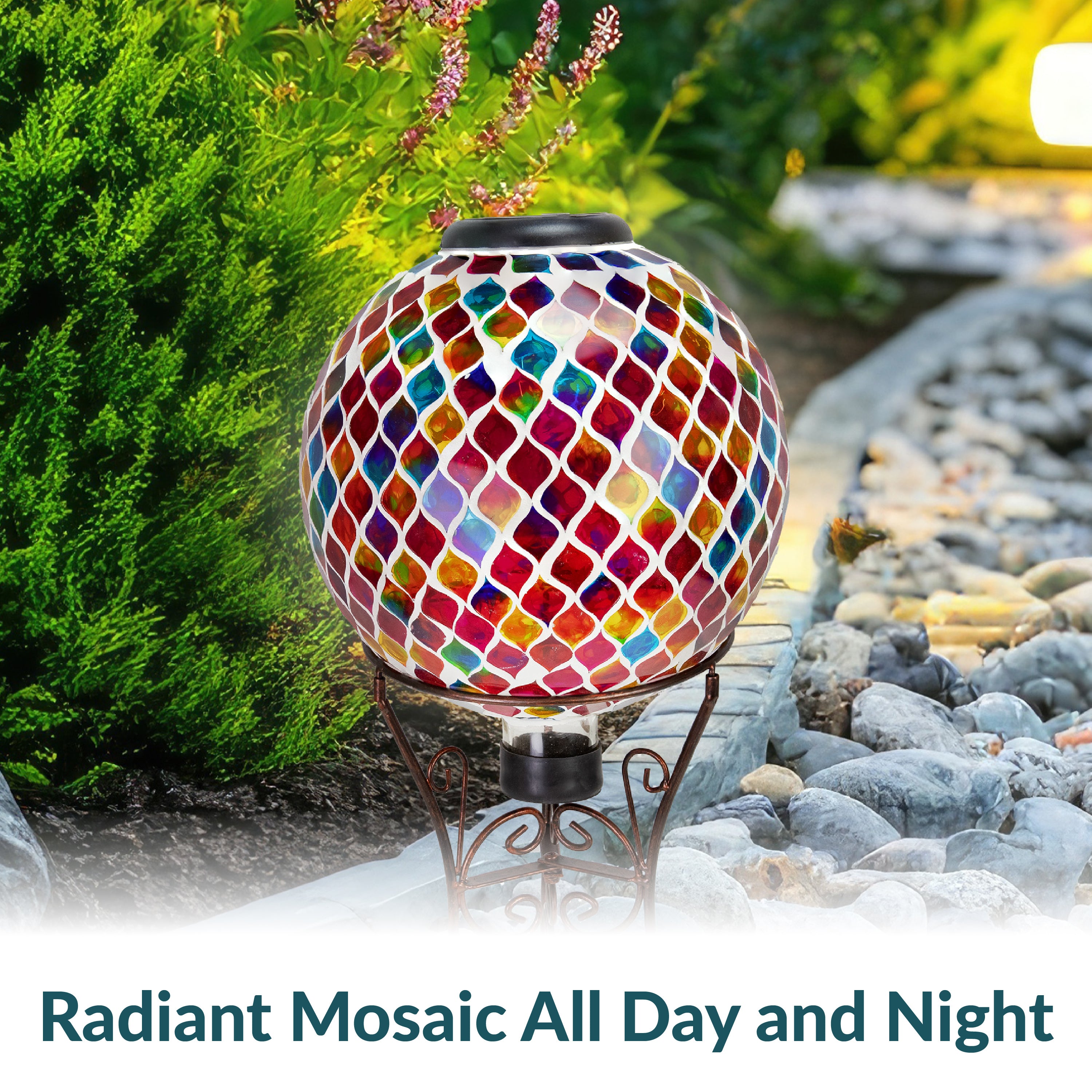 Sunnydaze 10-Inch Glass Mosaic Solar Garden Gazing Globe - Decorative Outdoor Sphere for Garden, Patio, Yard & Landscape Decor | Solar-Powered Light for Nighttime Ambiance