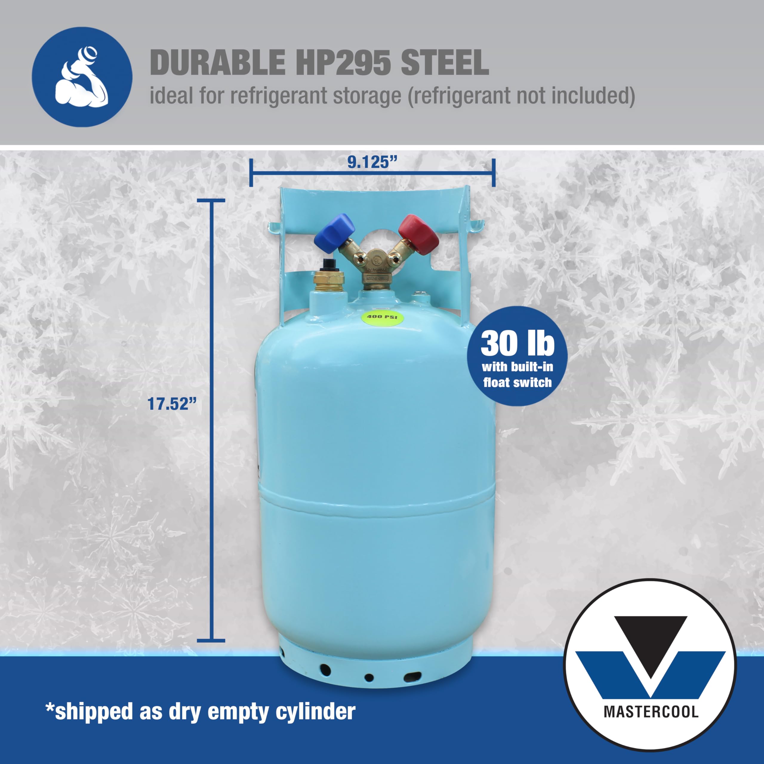 Mastercool 67010 30 lb Refrigerant Recovery Cylinder - DOT-Approved HVAC Tank with Float Switch, 1/2