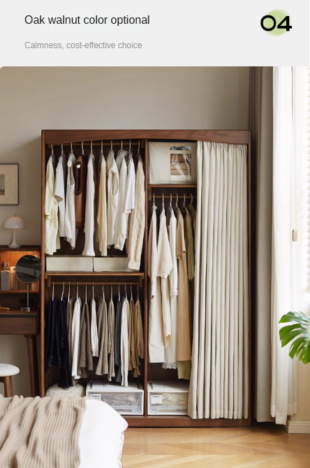 Oak Solid Wood Wardrobe with Curtain Design - Elegant Closet Storage for Bedroom, Living Room & Dorm Organization