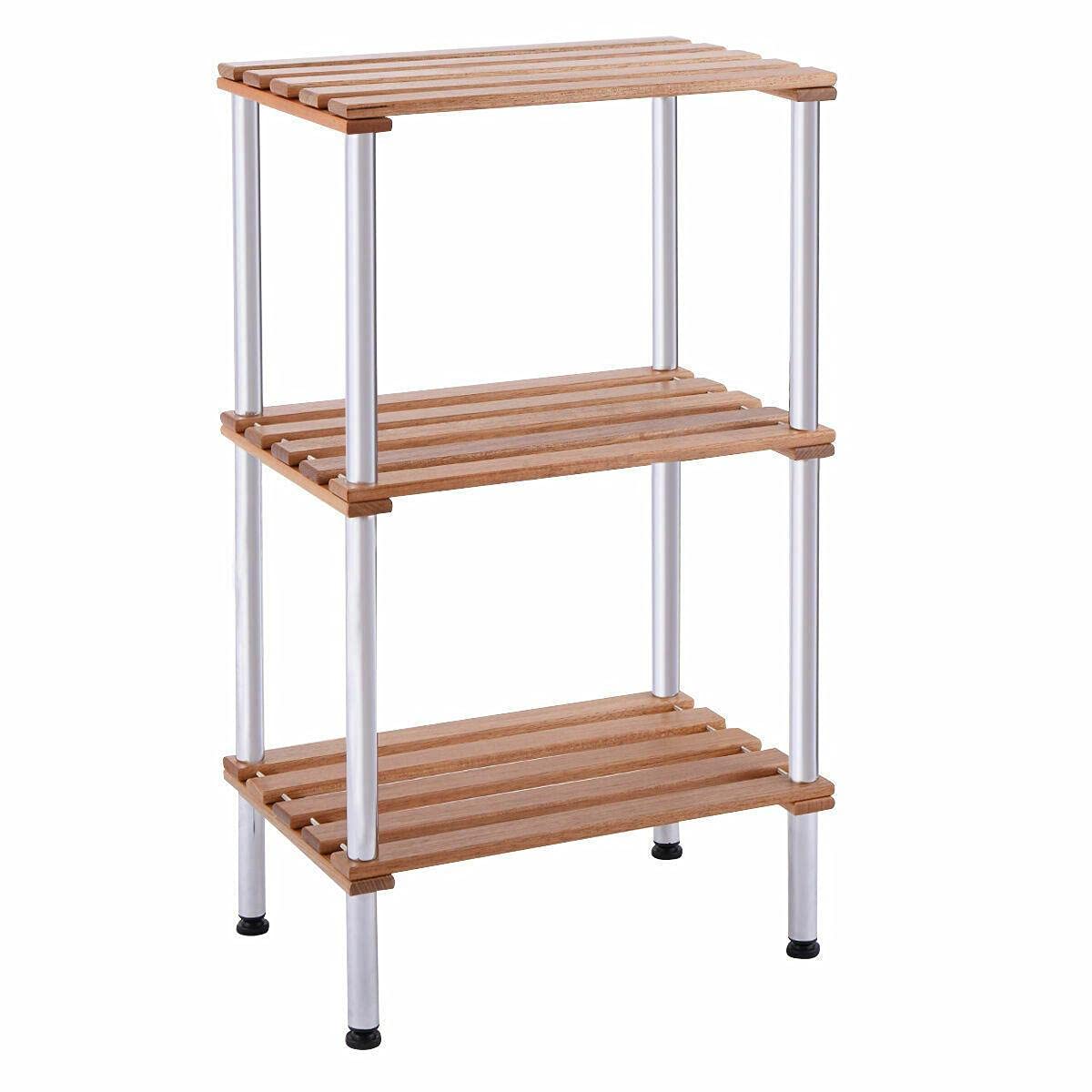 3-Tier Wood Slat Storage Display Shelf with Steel Frame - Home & Office Organizer for Shoes, Clothes & Accessories | Perfect for Closet, Bedroom, Entryway & Retail Store Display