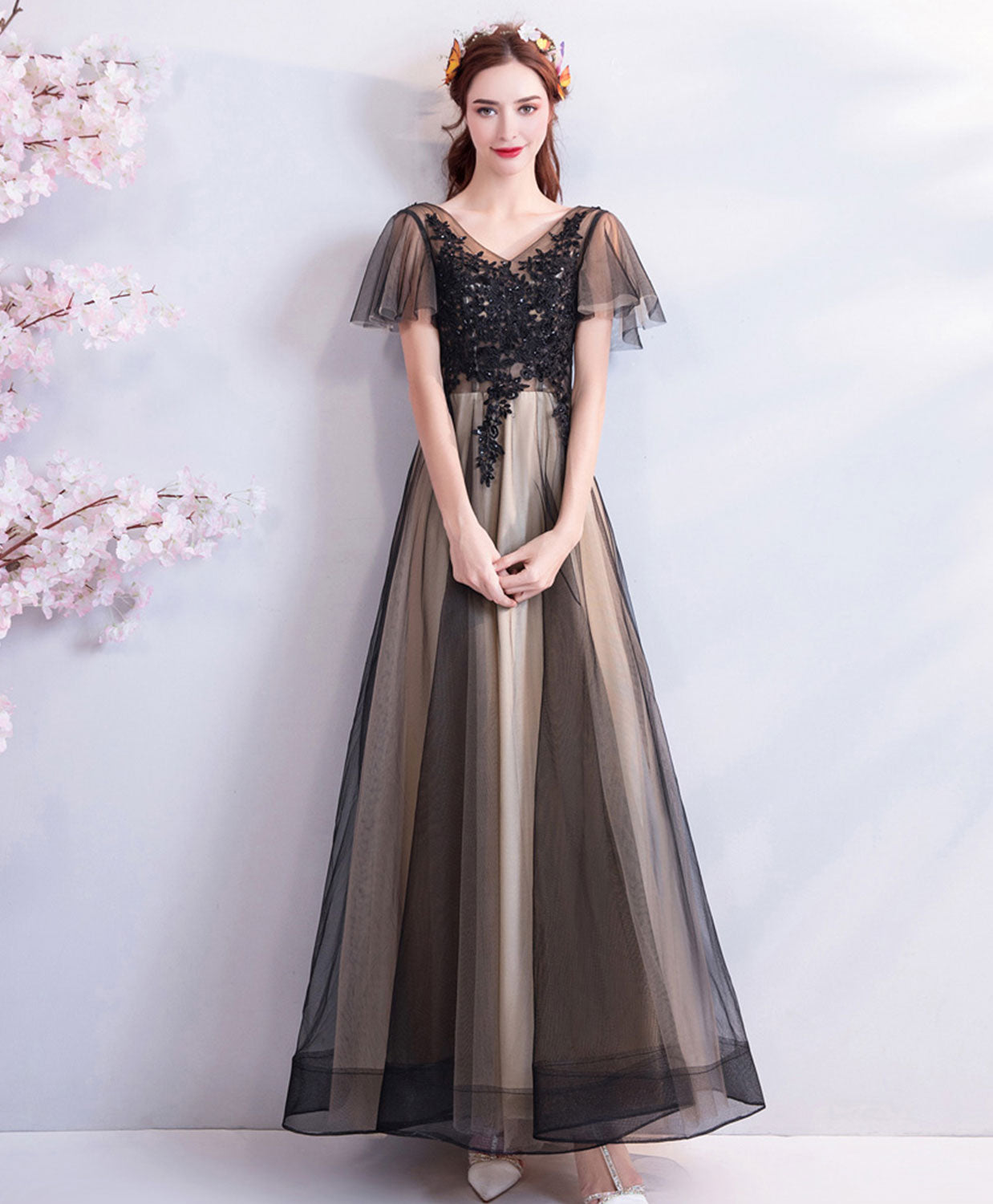 Elegant Black V-Neck Lace Tulle Long Prom Dress for Women - Perfect for Evening Gowns, Formal Dances & Special Occasions