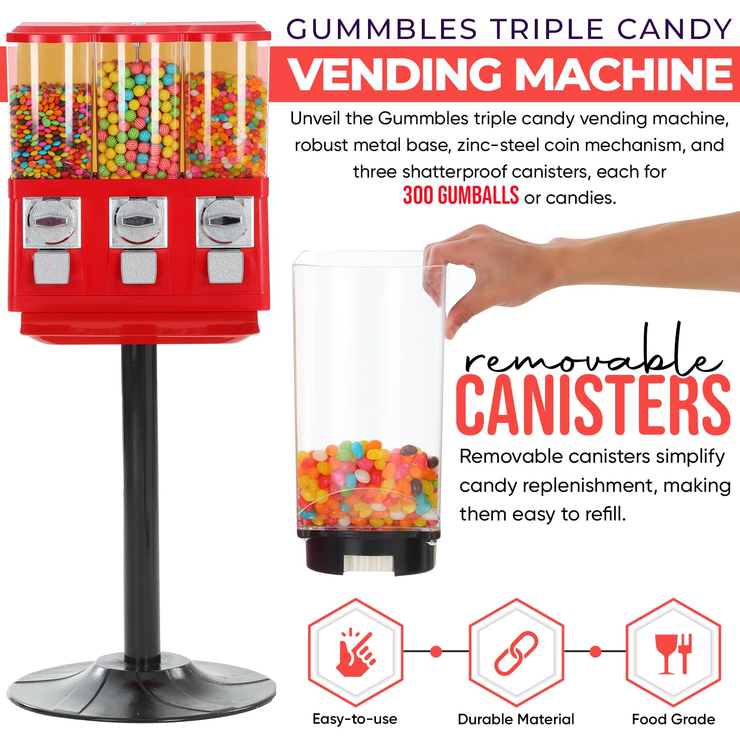 Triple Coin Operated Commercial Gumball Vending Machine with Stand - Accepts Quarters for Candy, Toys & Capsules - Perfect for Business, Schools, Arcades and Home Use (Red)