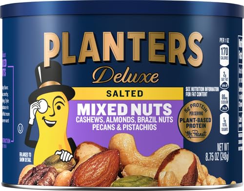 Planters Deluxe Mixed Nuts - 8.75 oz Canister with Cashews, Almonds, Pecans & Pistachios - Perfect for Snacking, Gifting & Office Use