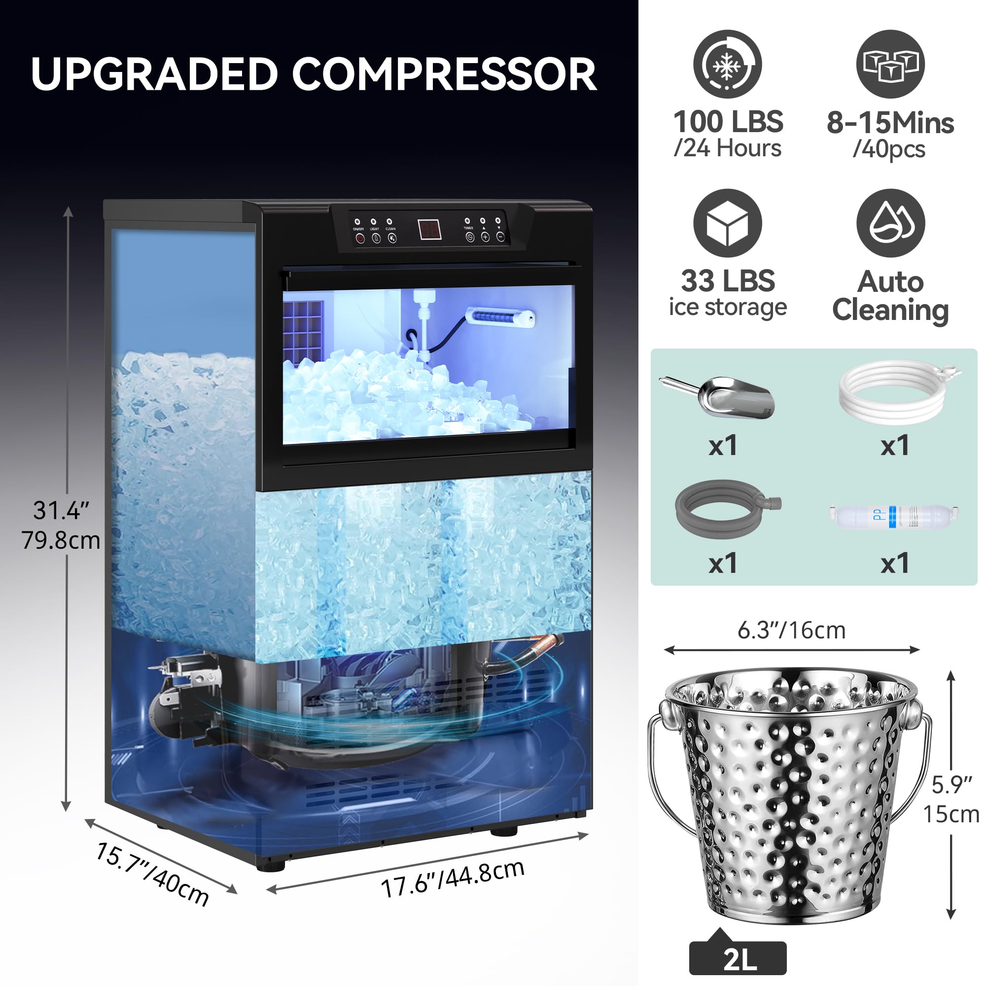 YITAHOME 2-Way Water Inlet Commercial Ice Maker Machine - 100LBS/24H Capacity with 33LBS Storage Bin - Under Counter or Freestanding Ice Machine with Stainless Steel Ice Scoop & Bucket - Perfect for Restaurants, Bars, Cafes, and Home Use