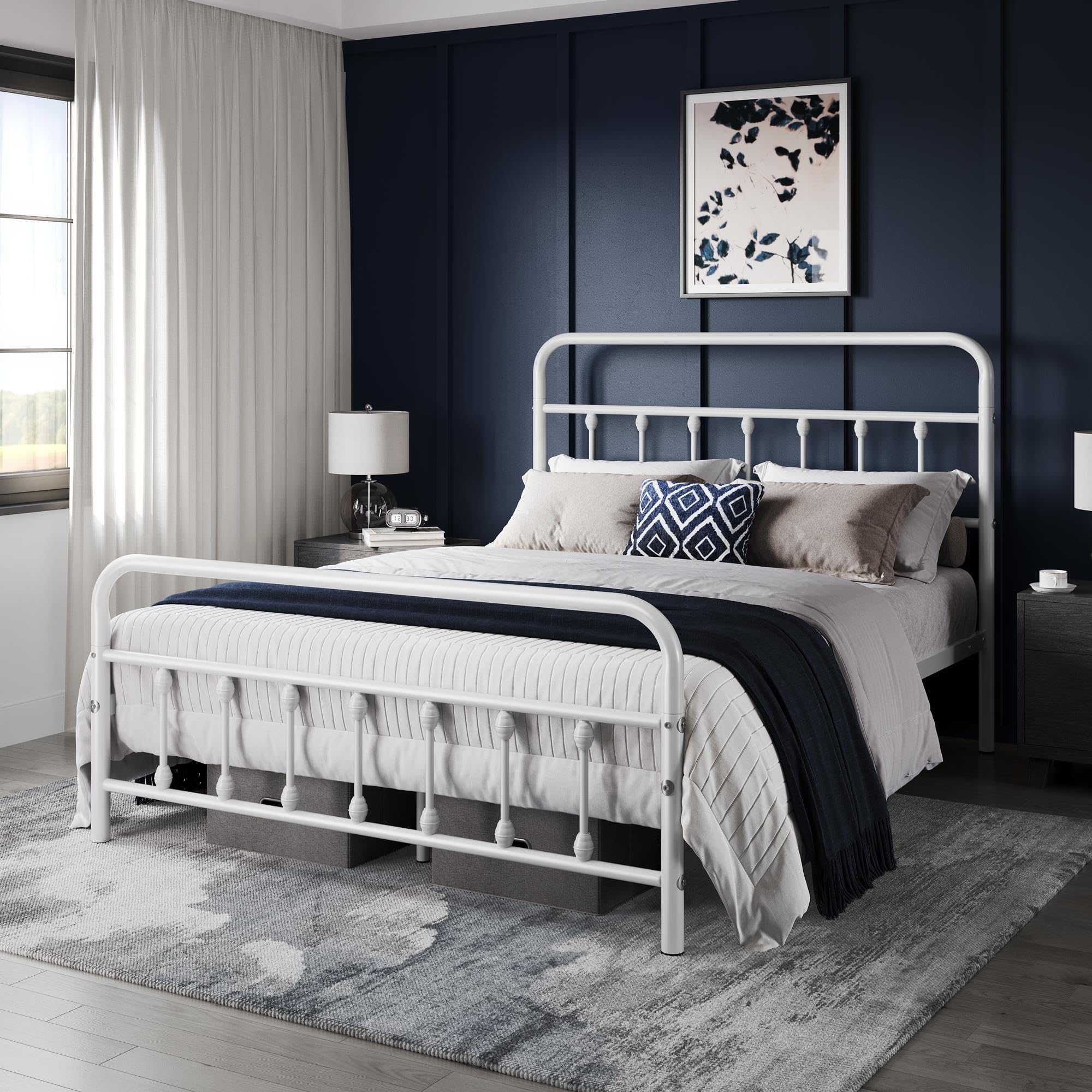 Yaheetech Victorian Style Metal Platform Bed Frame with Iron-Art Headboard & Footboard - Queen Size White - No Box Spring Needed - Under Bed Storage - Perfect for Guest Rooms, Master Bedrooms & Small Spaces