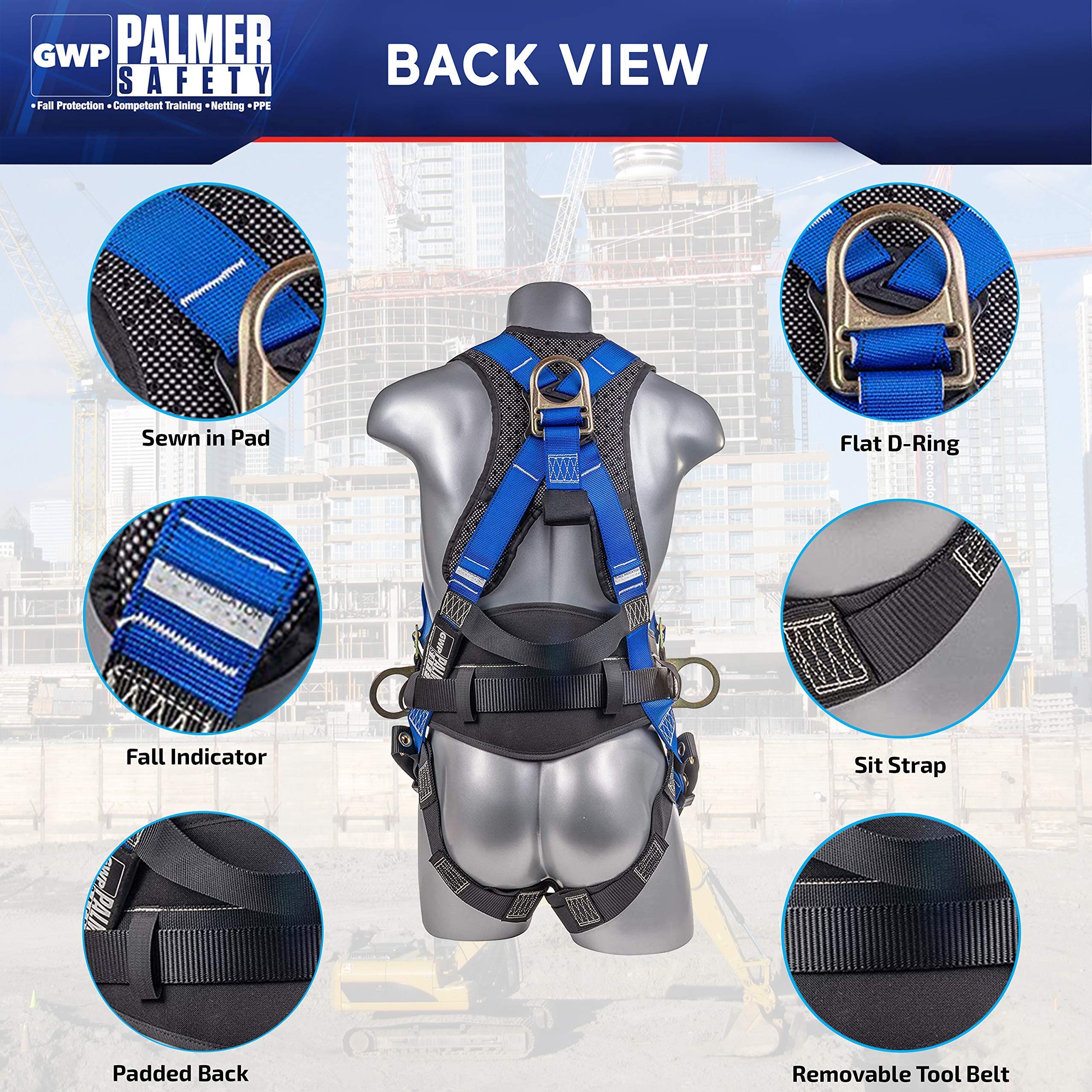 Palmer Safety Fall Protection Hammerhead Kit - 5 Point Safety Harness, 6ft Double Leg Lanyard, 18in D-Ring Extender (Blue, Medium) | OSHA Compliant Construction & Roofing Safety Gear for Workers
