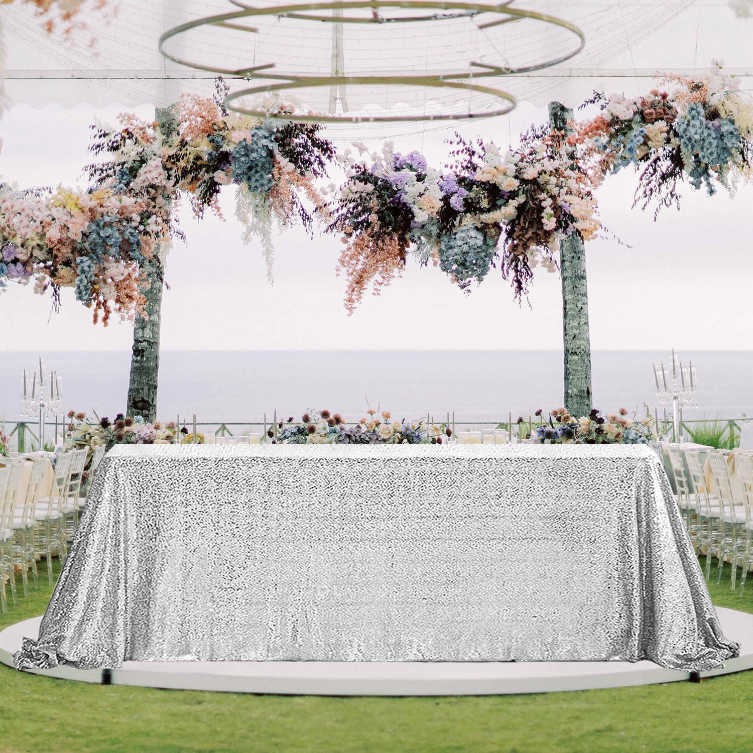 Pufogu 60x102 Inch Silver Sequin Tablecloth - Glitter Rectangular Table Cover for Birthday, Wedding, Bridal & Baby Shower Party Decorations - Perfect for Holiday Celebrations, Banquets and Special Events