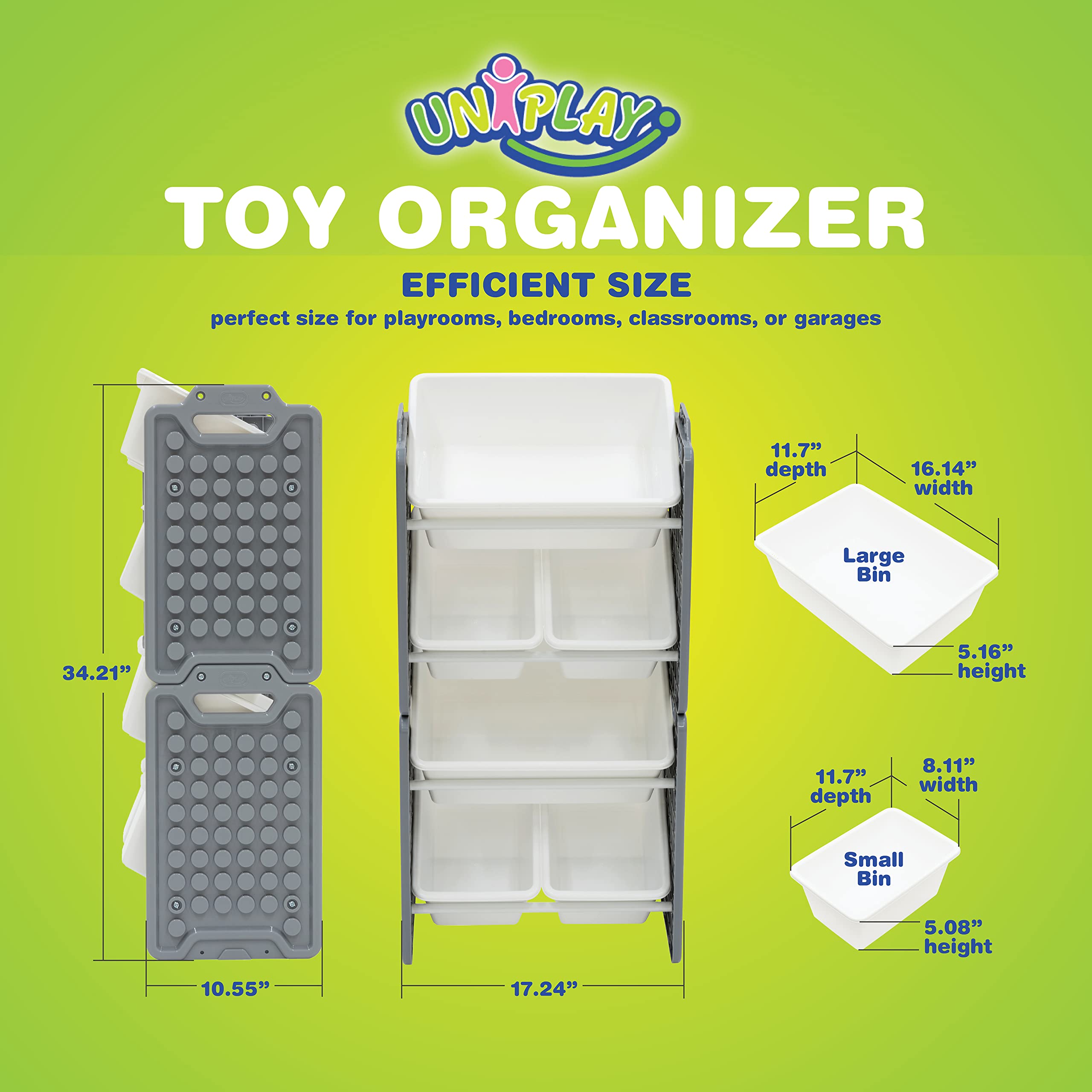 UNiPLAY 6-Bin Toy Storage Organizer with Removable Bins - Kids Bookshelf for Building Blocks, School Supplies & Toys - Sturdy Baseplate Frame (Gray) - Perfect for Playrooms, Classrooms & Home Organization