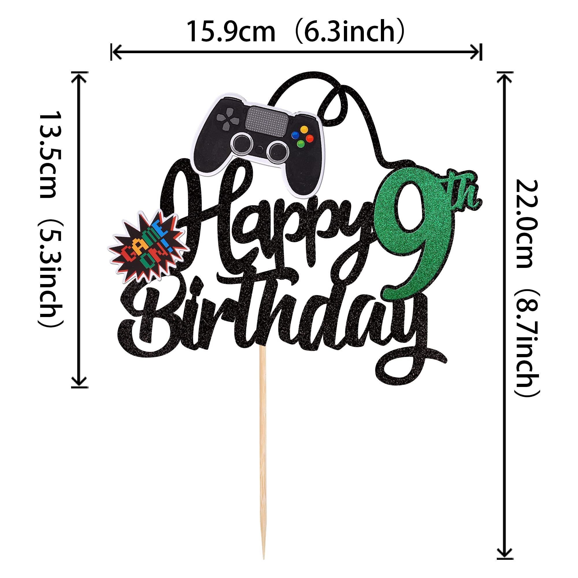 1 PCS Video Game Happy 9th Birthday Cake Topper - Glittery Game Controller Design with 'Game On' & 'Nine Cheers to 9 Years' Text - Perfect for 9th Birthday Party Decorations & Gaming Theme Cakes (Green)