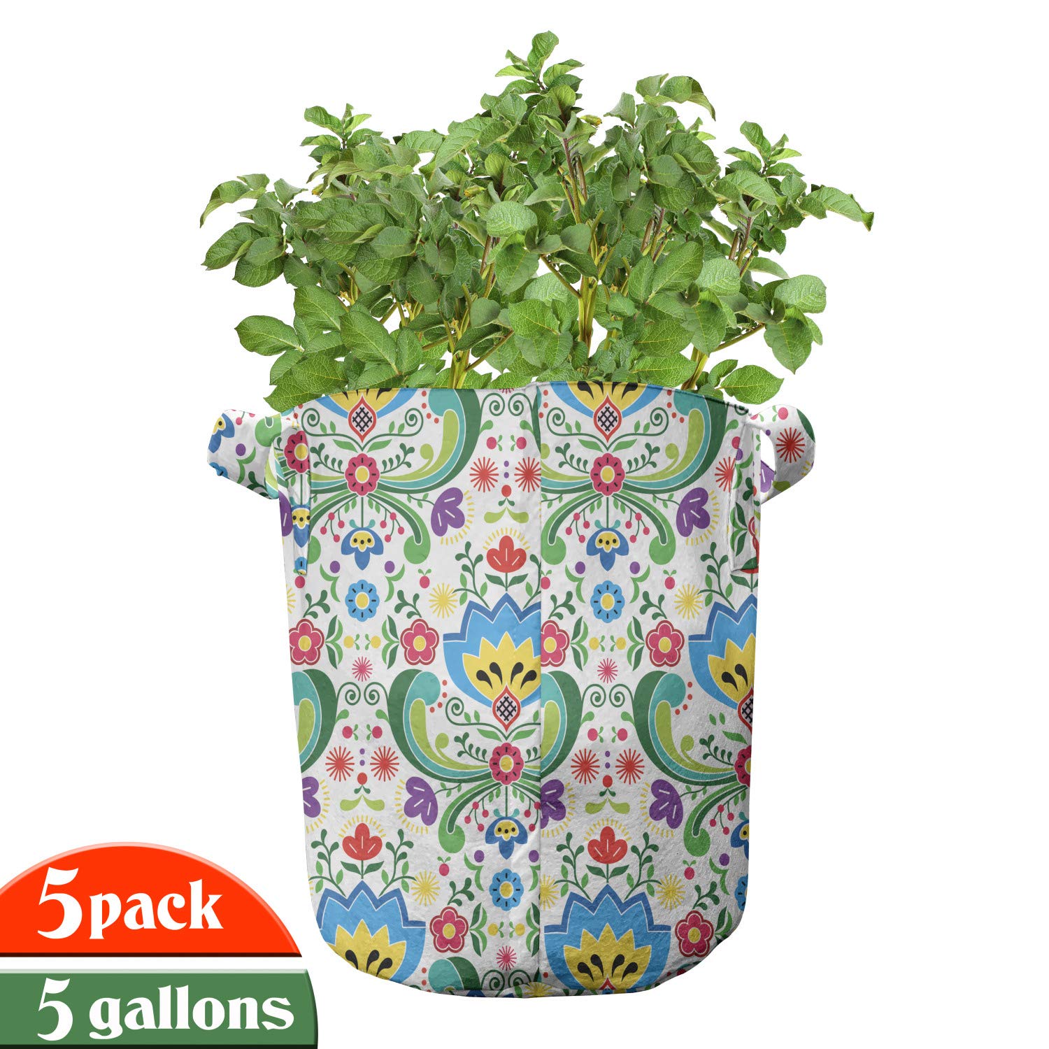 Ambesonne 5-Pack Heavy Duty Fabric Grow Bags with Handles - Tropical Rainforest Foliage Striped Design in Teal Grey - Perfect for Indoor/Outdoor Plants, Gardening, and Urban Farming