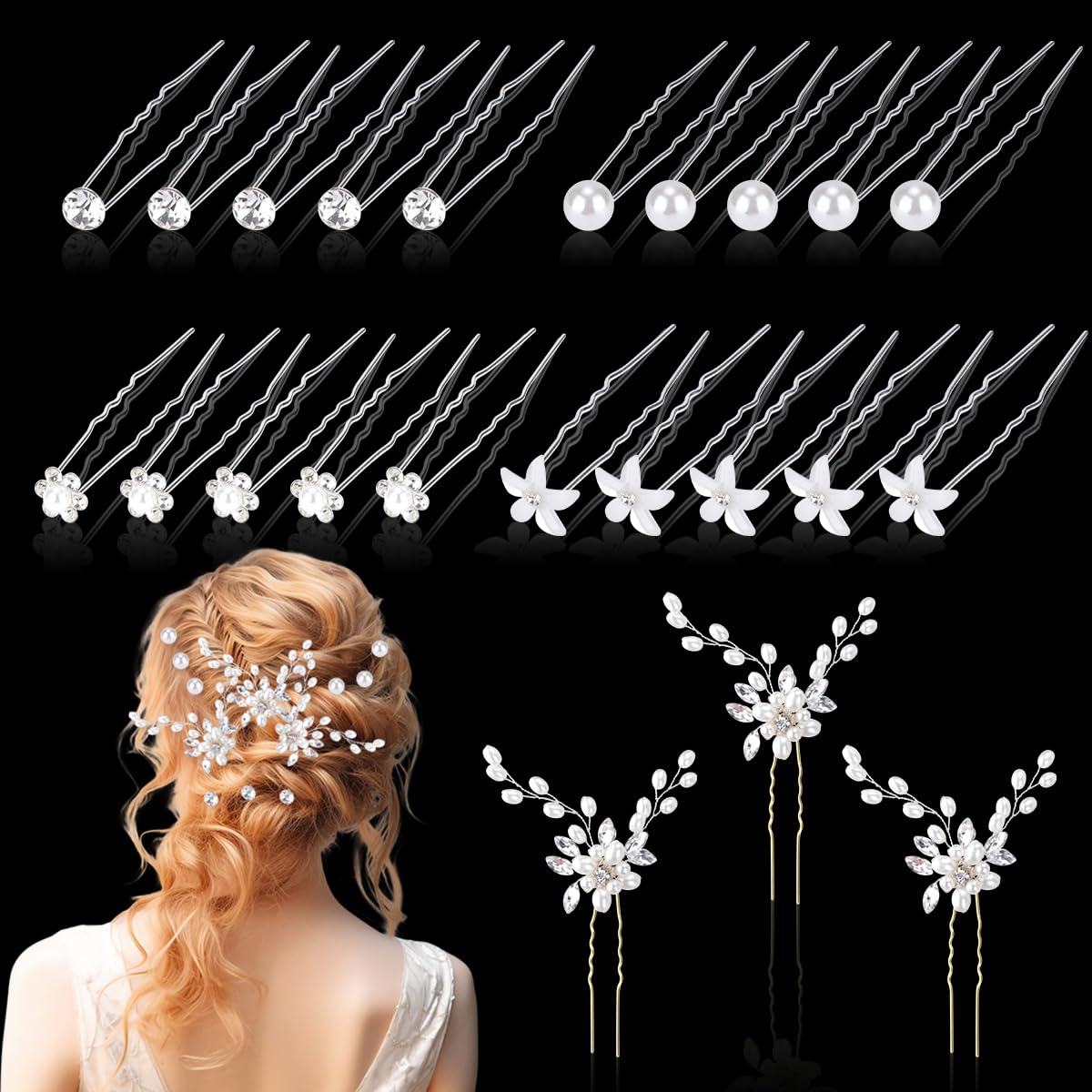 23Pcs Wedding Hair Pins Set - FHDUSRYO Bridal Pearl Rhinestone Hair Clips, U-Shaped Crystal Flower Hair Accessories for Brides, Bridesmaids, Women & Girls | Perfect for Weddings, Prom, Parties & Special Occasions