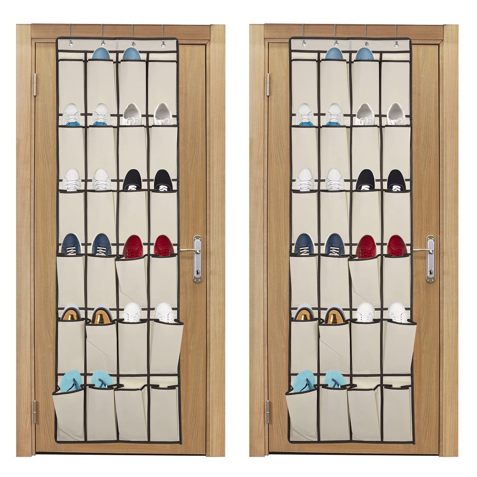 LAIGOO Over the Door Shoe Organizer - 2 Pack Hanging Shoe Storage with 24 Large Fabric Pockets & 4 Hooks - Space Saving Closet Organizer for Shoes, Accessories, Toys (60 x 20 inches, Beige) - Perfect for Bedroom, Bathroom, Pantry & Entryway Organization