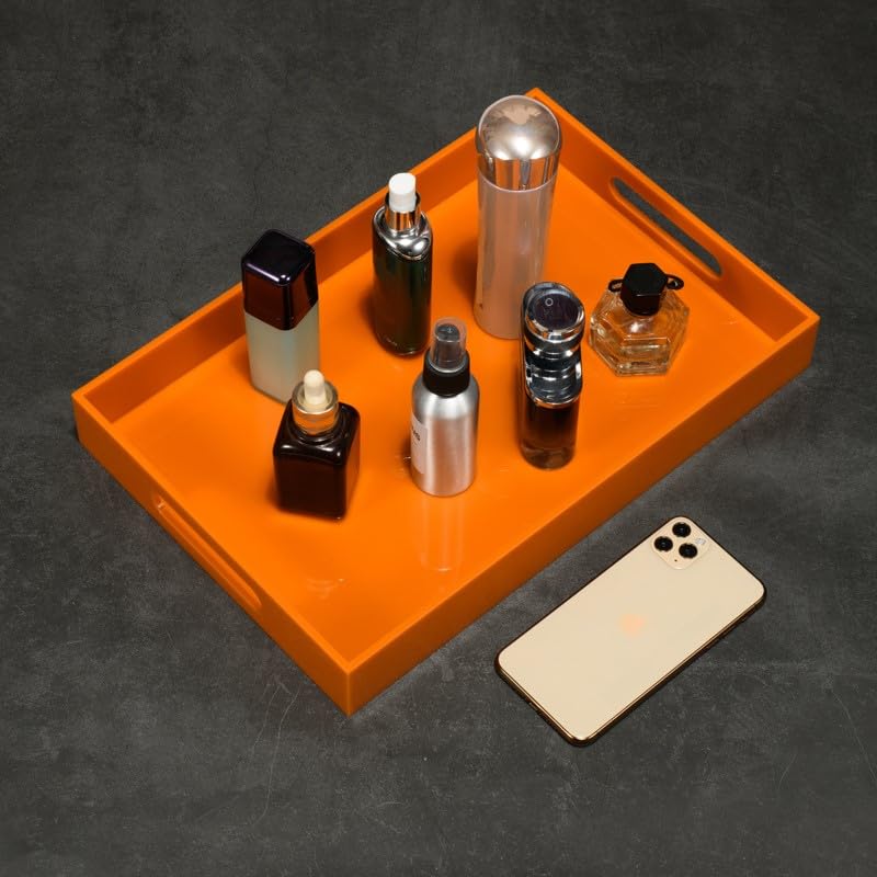 Orange Acrylic Serving Tray with Handles - 10x15 Inch for Kitchen & Vanity