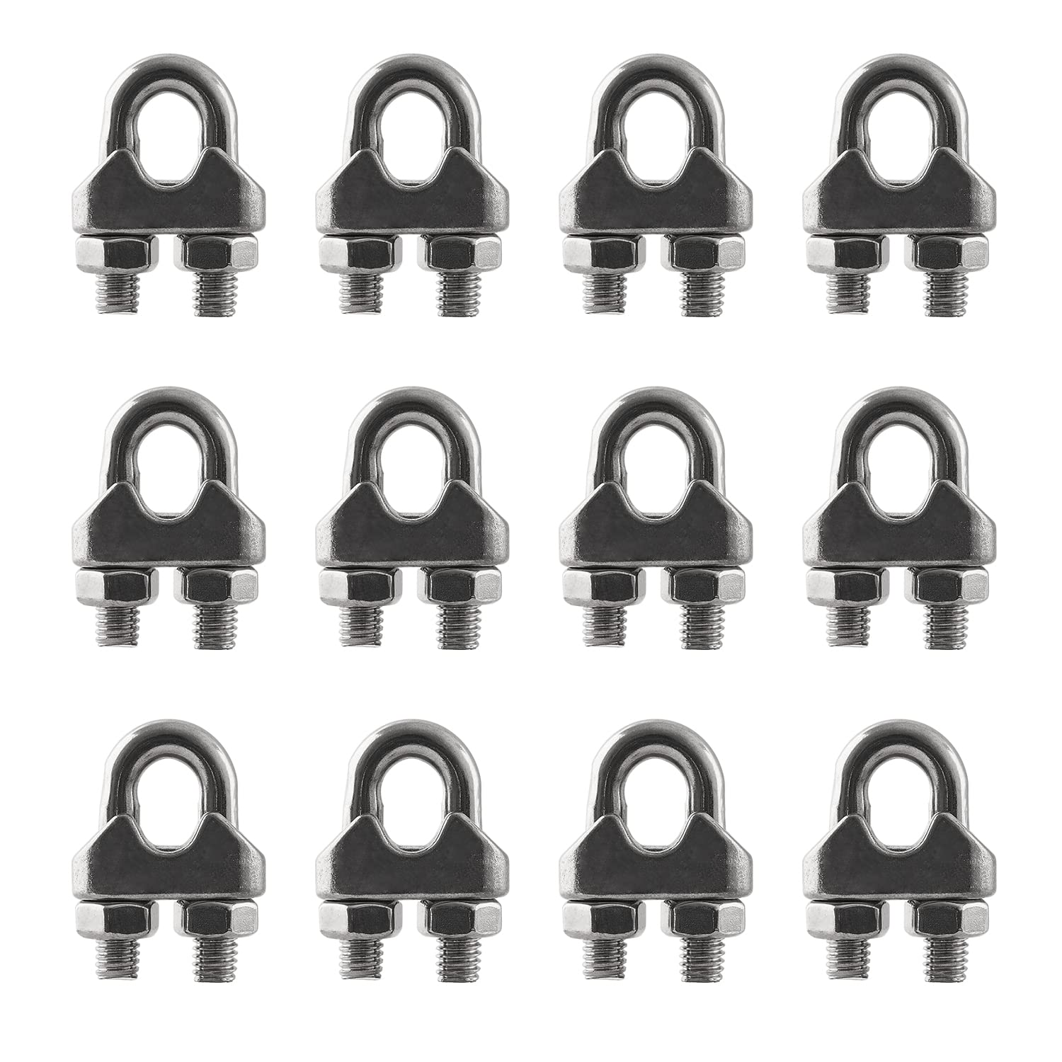 HSTECH 12PCS 1/4 Inch M6 304 Stainless Steel Wire Rope Cable Clamp Clips - Heavy Duty for Rigging, Guardrails, Load Securing, Banner & Flag Hanging - Outdoor & Marine Use