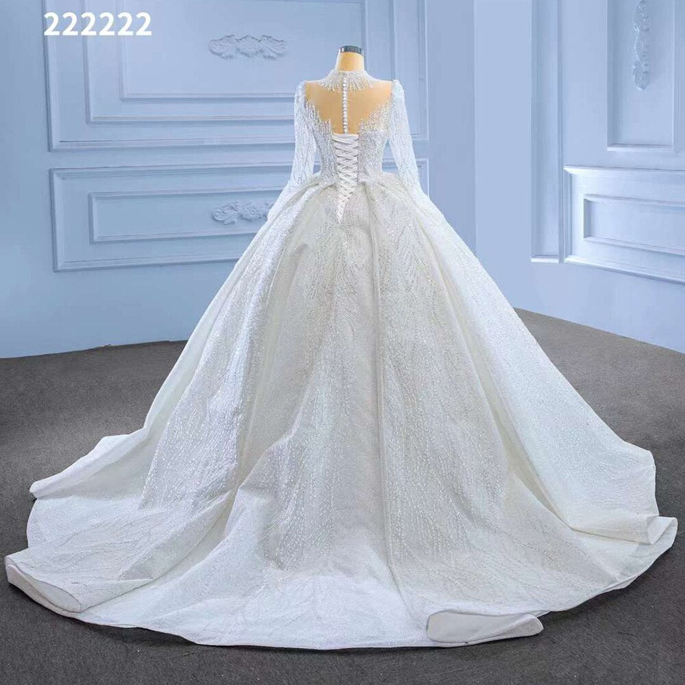 Serene Hill White Luxury Lace Beaded Long Sleeve Wedding Dress - Elegant O-Neck Bridal Gown Custom Made for 2025 (HM222222) | Perfect for Church Ceremonies, Ballroom Receptions & Formal Weddings