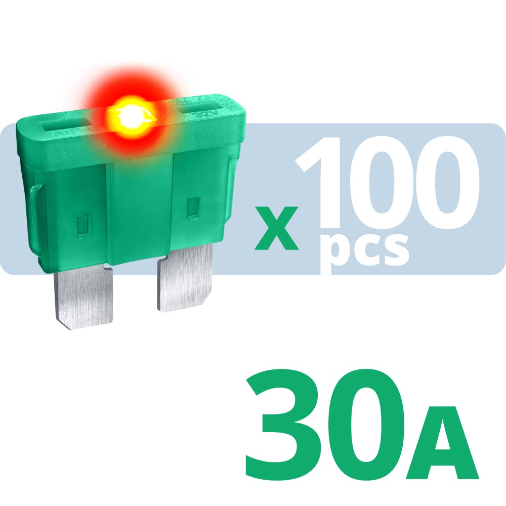 CARAX Glow Fuse - 30A 100pcs Premium ATC/ATO/ATS Blade Fuse Kit with LED Indicator (Glows When Blown) - Smart Automotive Fuse for Easy Circuit Identification - Perfect for Cars, Trucks, Boats and RV Electrical Systems