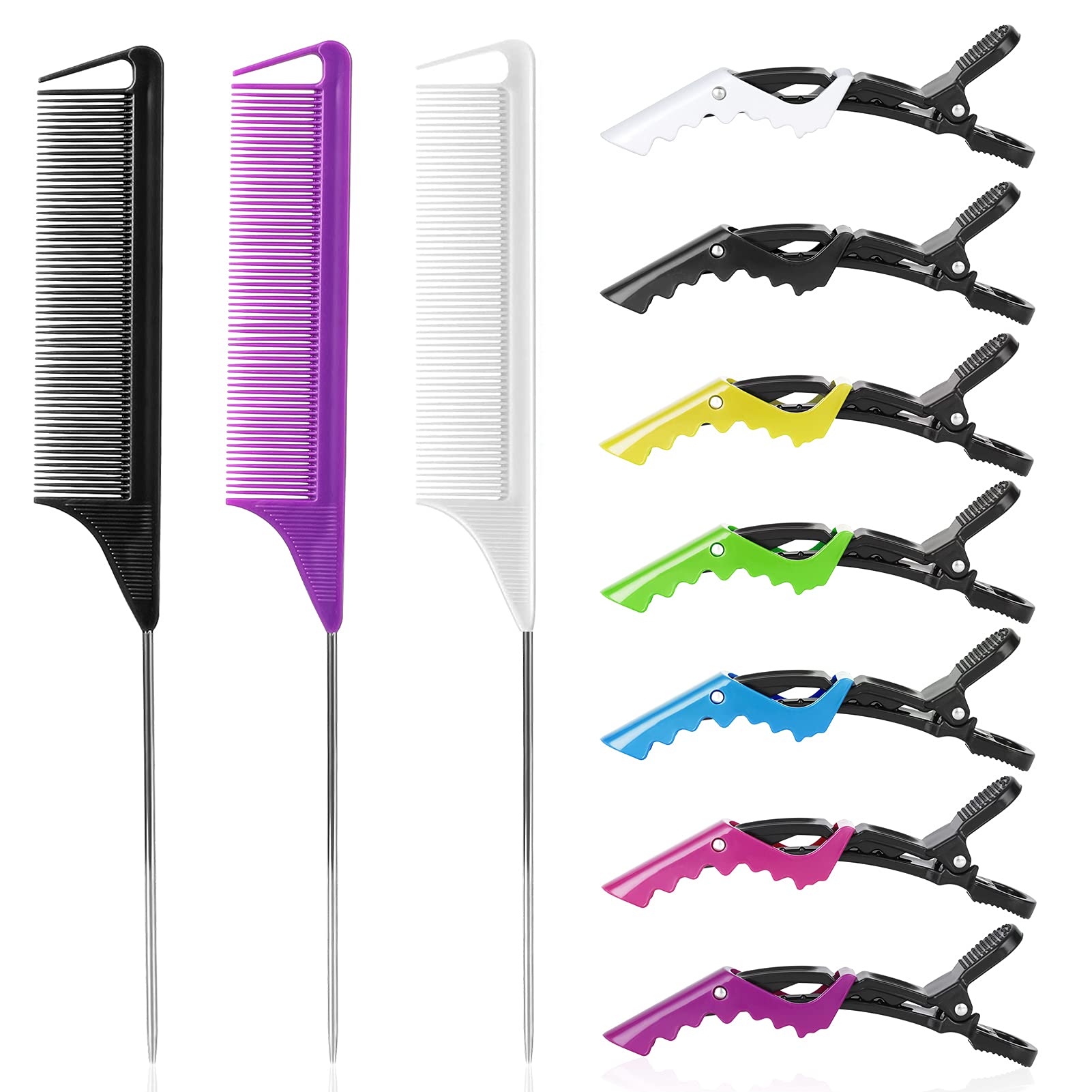 Rat Tail Teasing Comb Set with Styling Clips - 3 Steel Pin Combs & 7 Sectioning Clips for Braiding, Parting & Salon Styling - Perfect for Hairdressers, Stylists & DIY Hair Care at Home