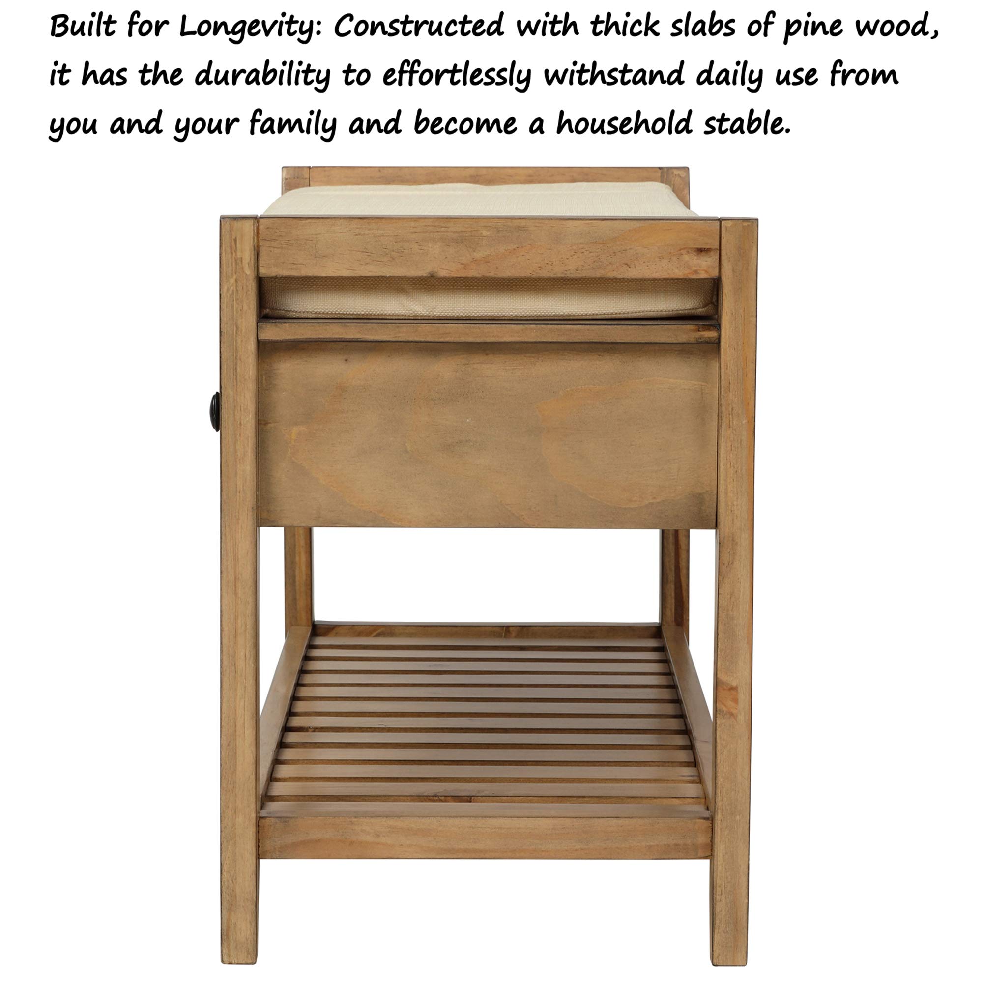 P PURLOVE Entryway Storage Bench with Cushioned Seat - Shoe Rack with 2 Drawers & Storage Shelf - Old Pine Finish - Perfect for Entryway, Mudroom, or Bedroom Organization