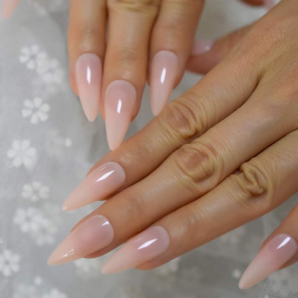 CoolNail Press-On Nails - Natural Nude Pointed Stiletto False Nail Tips, Acrylic Salon Full Cover Artificial Nails with Glue & Stickers | Perfect for Parties, Weddings & Everyday Wear