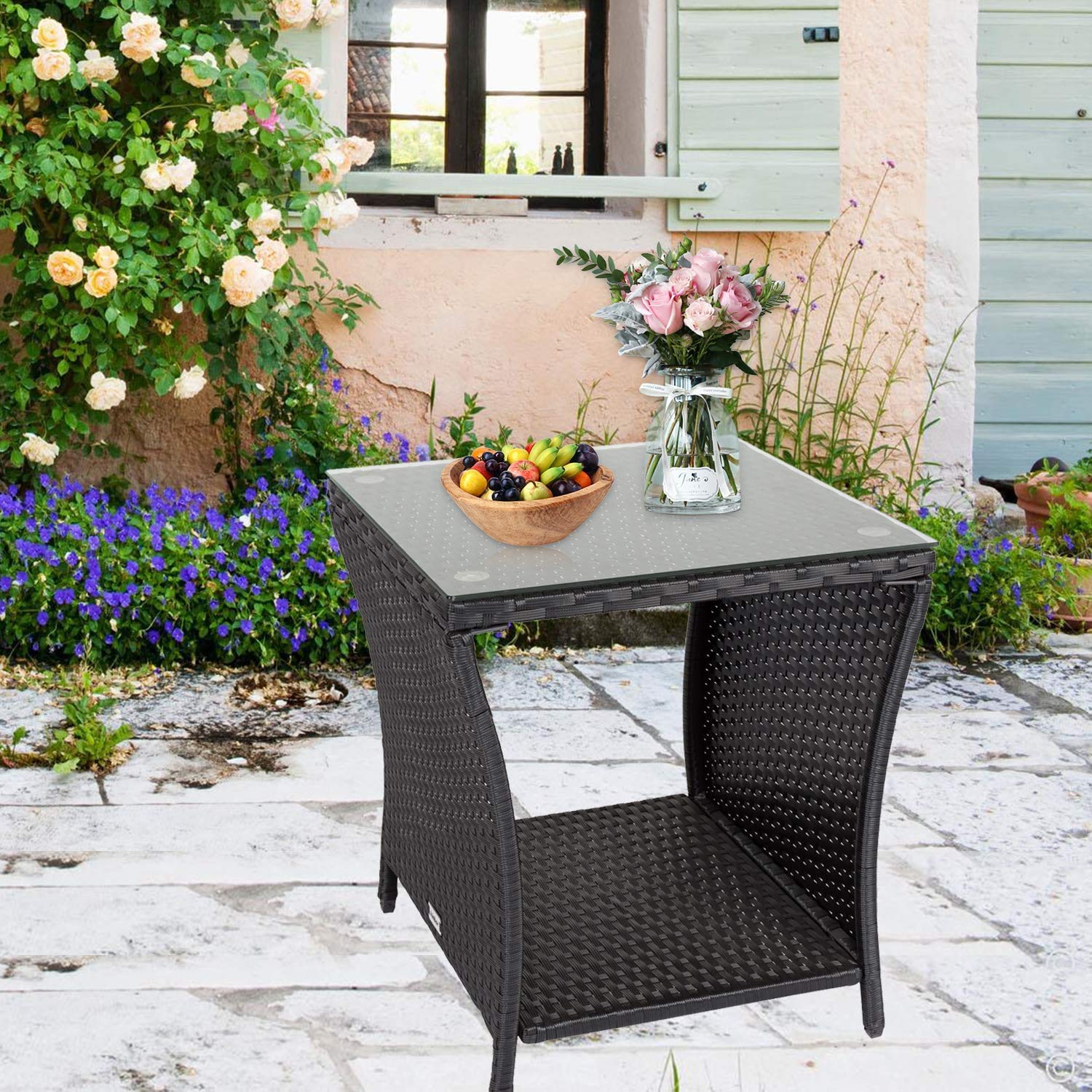 JSUN7 Outdoor Wicker Side Table with Storage & Glass Top - Square Rattan Patio End Table for Deck, Balcony, Poolside - Weather-Resistant Black Outdoor Furniture for Relaxing by the Pool or Entertaining Guests