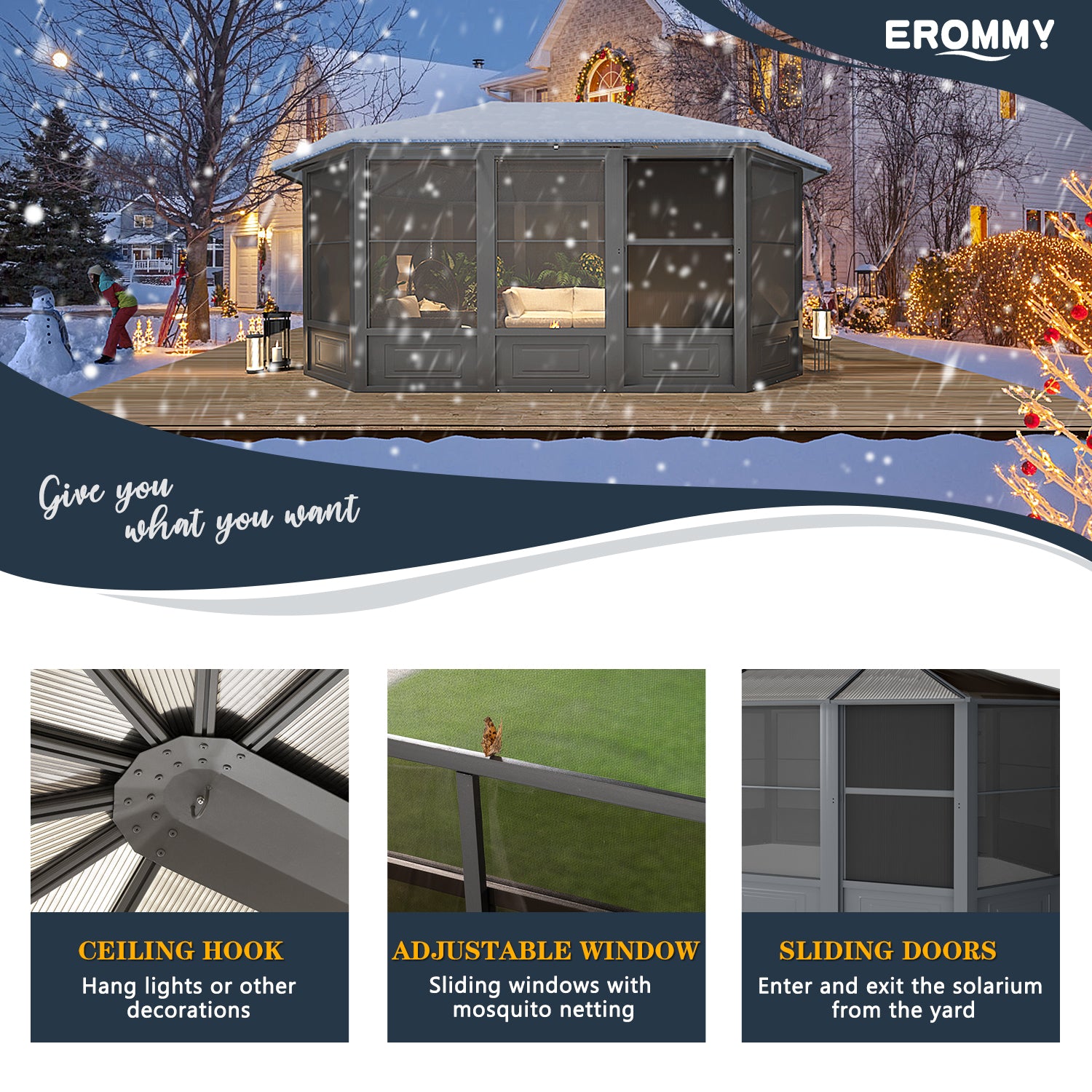 EROMMY 12X15 4-Season Solarium Room with Sliding Door - Grey | All-Weather Sunroom for Patio, Garden & Backyard Relaxation