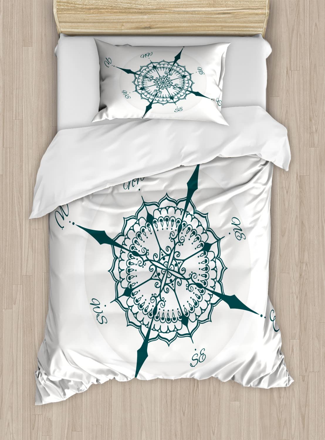 Ambesonne Compass Duvet Cover Set - Hand Drawn Windrose Floral Design, Nautical Theme Bedding Set with 2 Duvet Covers & 2 Pillowcases, Twin Size 2-Pack in Cream & Dark Green - Perfect for Coastal, Beach House or Sailor Themed Bedrooms